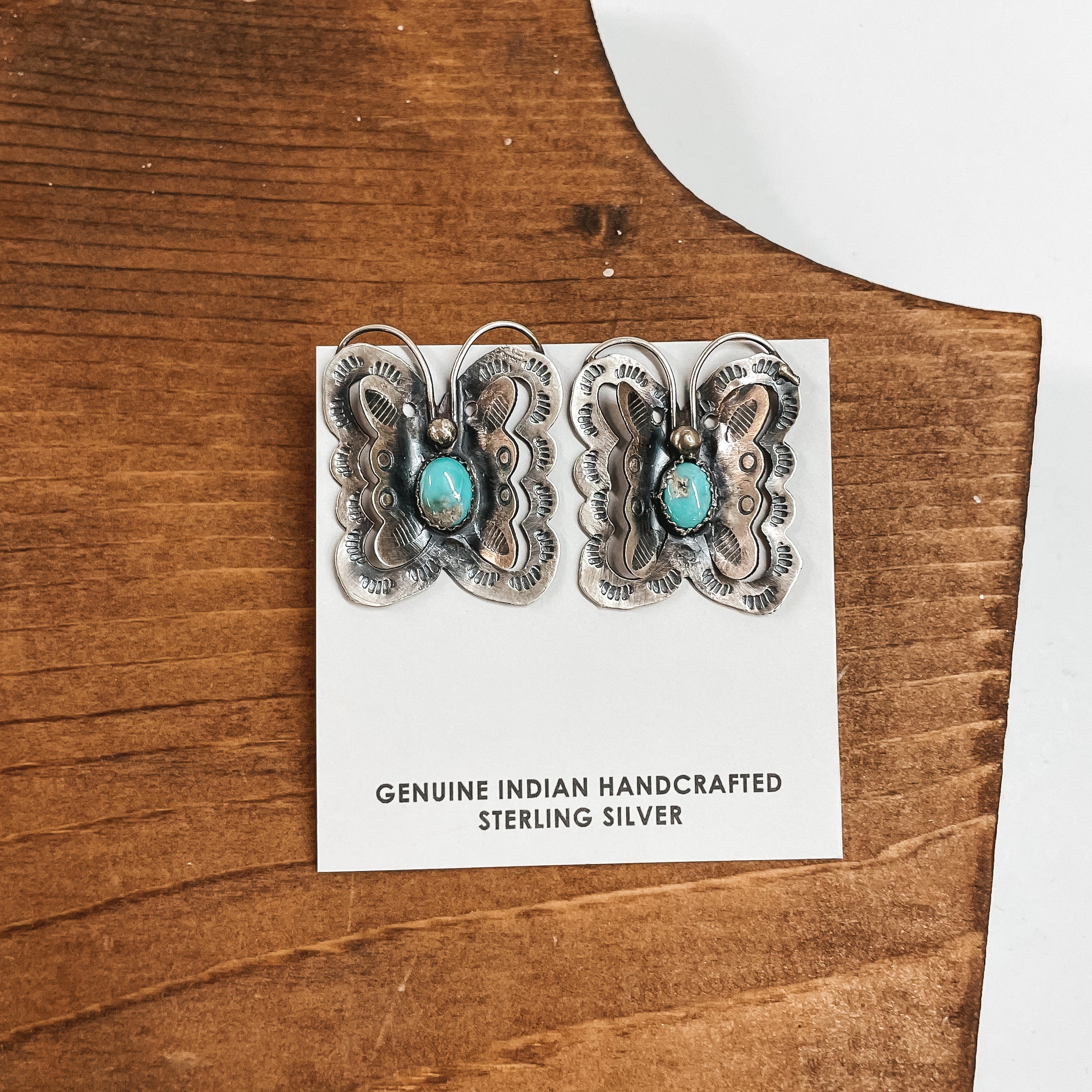 Tim Yazzie | Navajo Handmade Sterling Silver  Stud Butterfly Earrings with a Turquoise Stone - Giddy Up Glamour Boutique