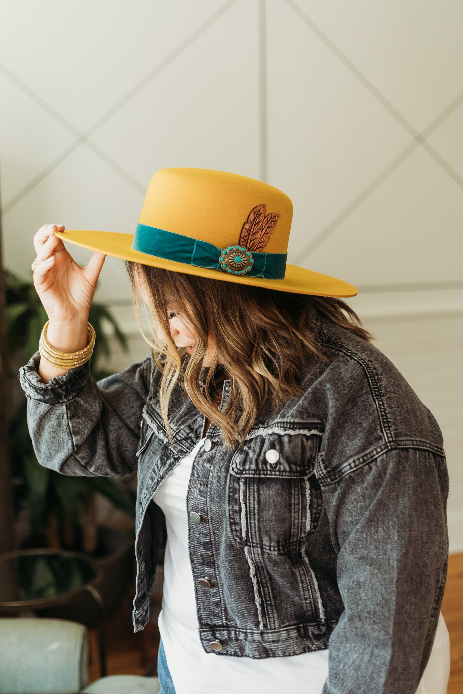 Charlie 1 Horse | Nomad Wool Felt Hat with Ribbon Band and Concho with Leather Feather in Yellow - Giddy Up Glamour Boutique