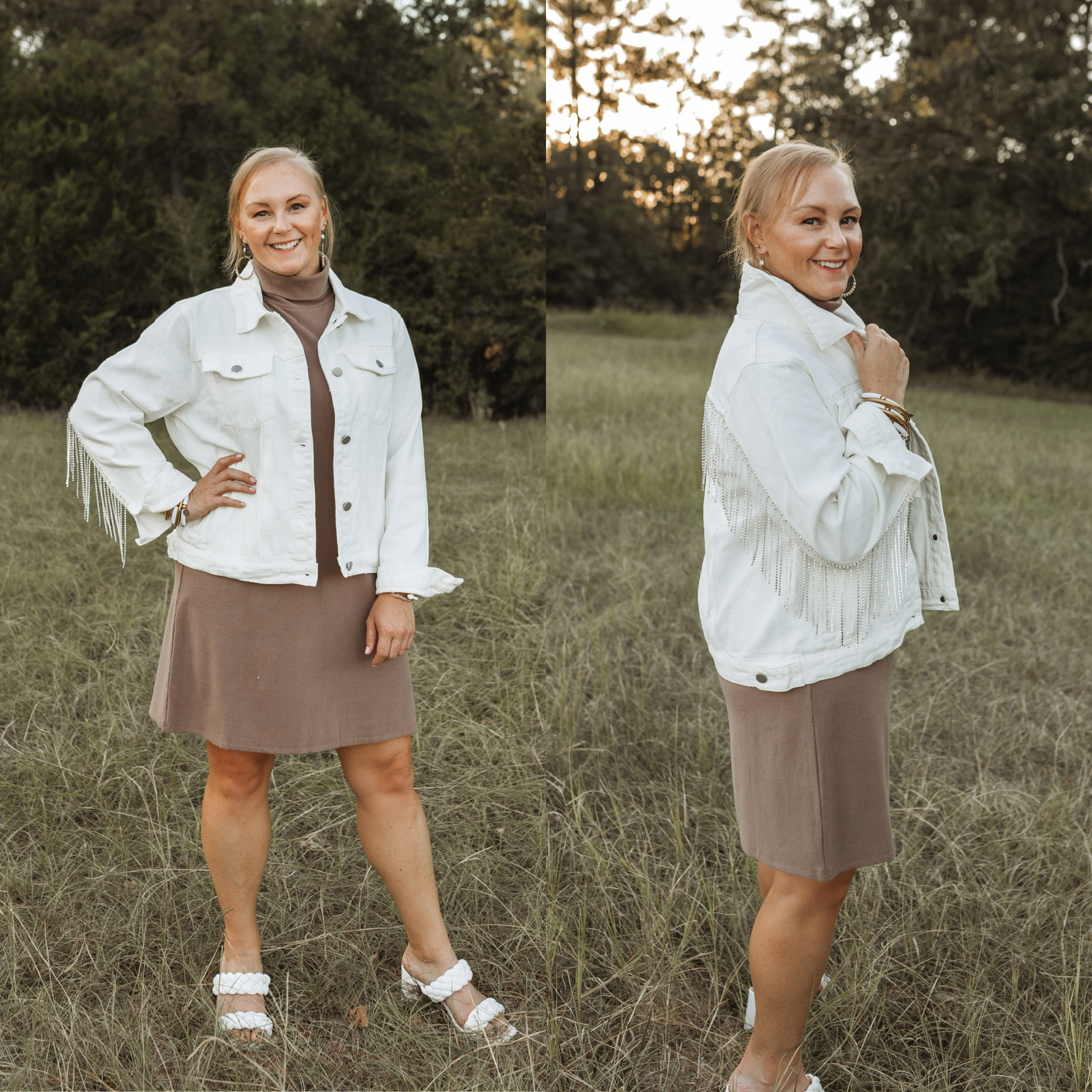 Mallory is pictured here modeling our new white denim jacket with a collared neckline, button up front, and front pockets that button. The jacket features a line of crystal fringe across the back of the arms and the back of the jacket. Mallory is modeling this jacket with our "One Love" tank sweater dress with turtle neck in taupe underneath along with gold jewelry and white, braided heels. 