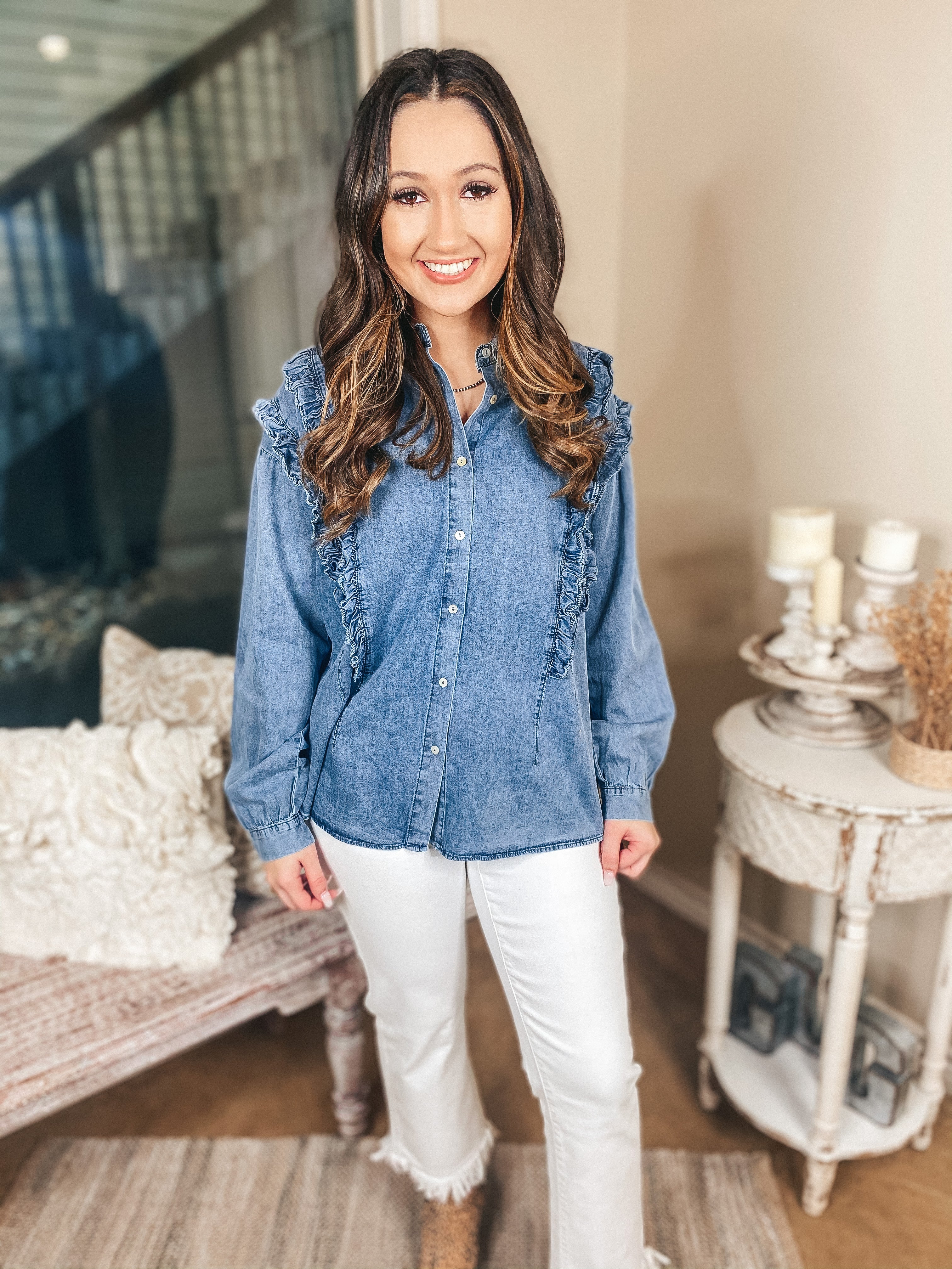 Attention To Detail Button Up Collared Denim Top with Ruffle Detail - Giddy Up Glamour Boutique