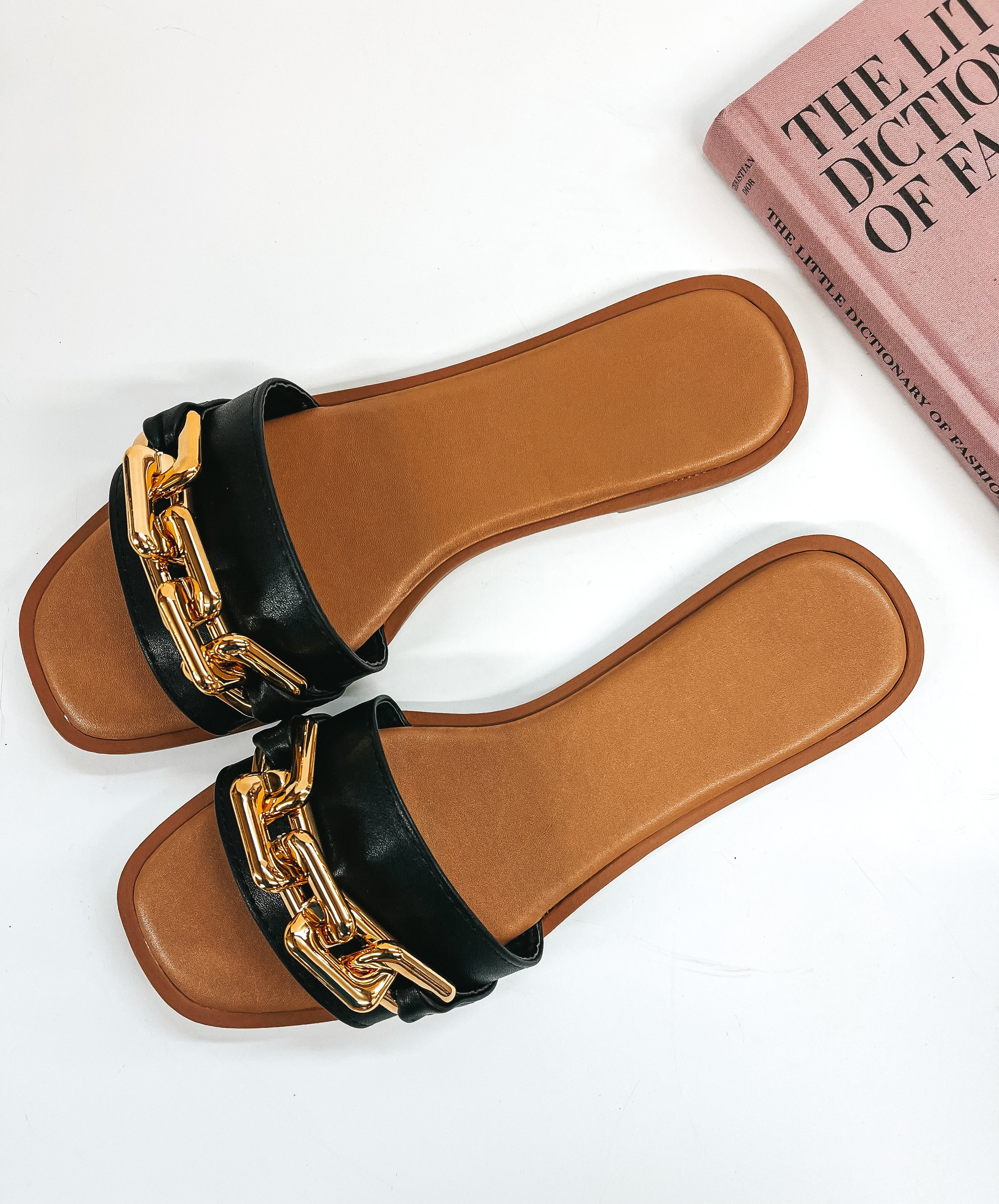 Resort Vibes Slide On Sandals with Gold Chain in Black - Giddy Up Glamour Boutique