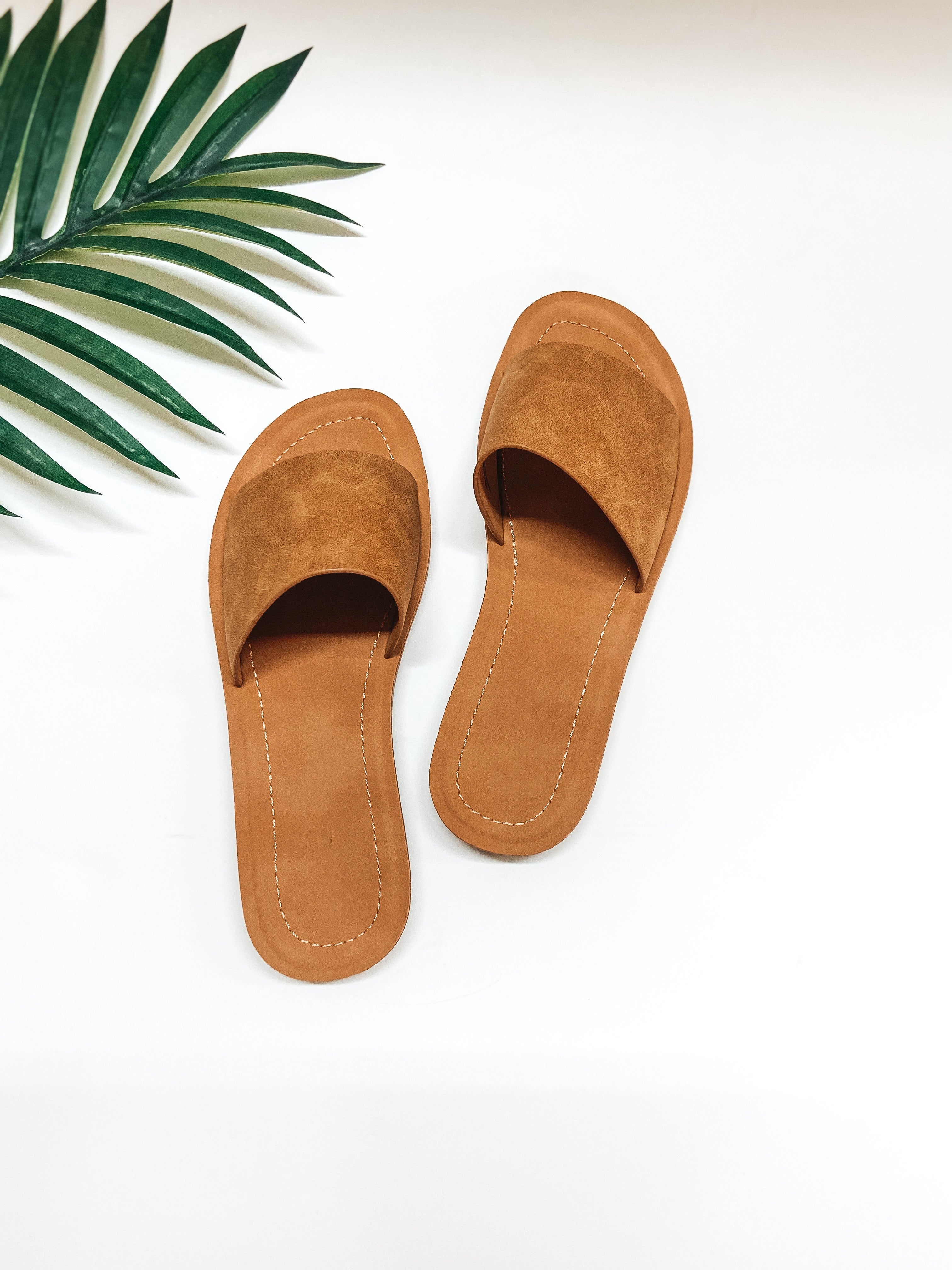 Passing By Single Strap Slide On Sandals in Tan - Giddy Up Glamour Boutique