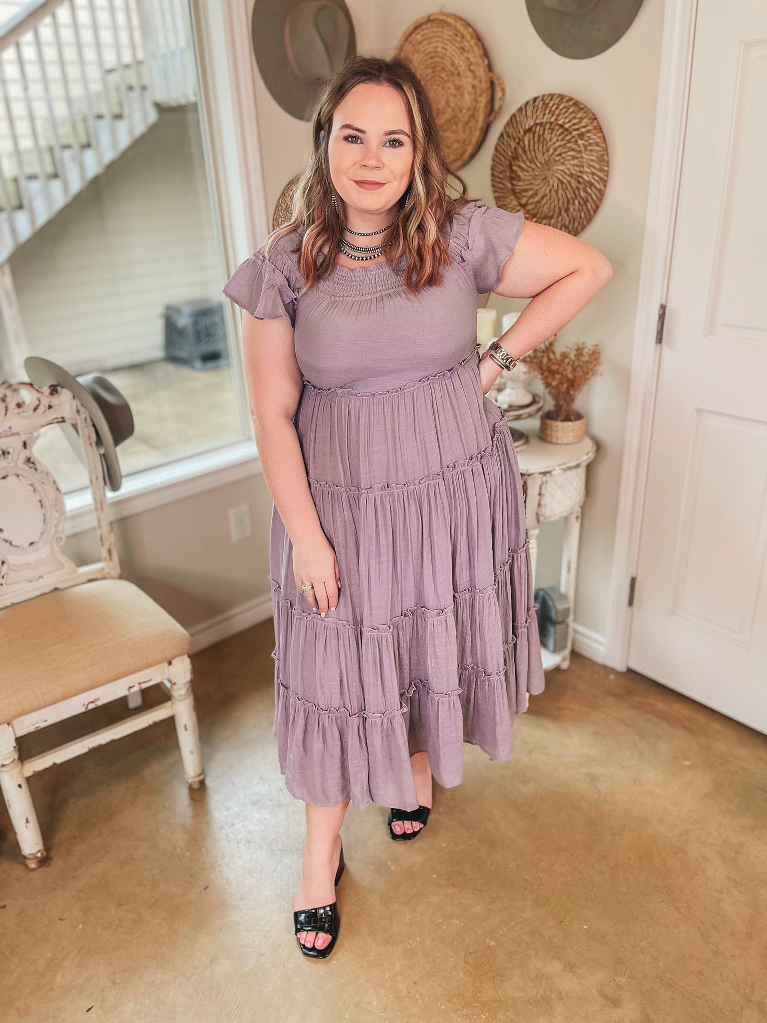 Last Chance Size Medium | Tulum Travels Ruffle Tiered Off the Shoulder Midi Dress in Dusty Purple - Giddy Up Glamour Boutique