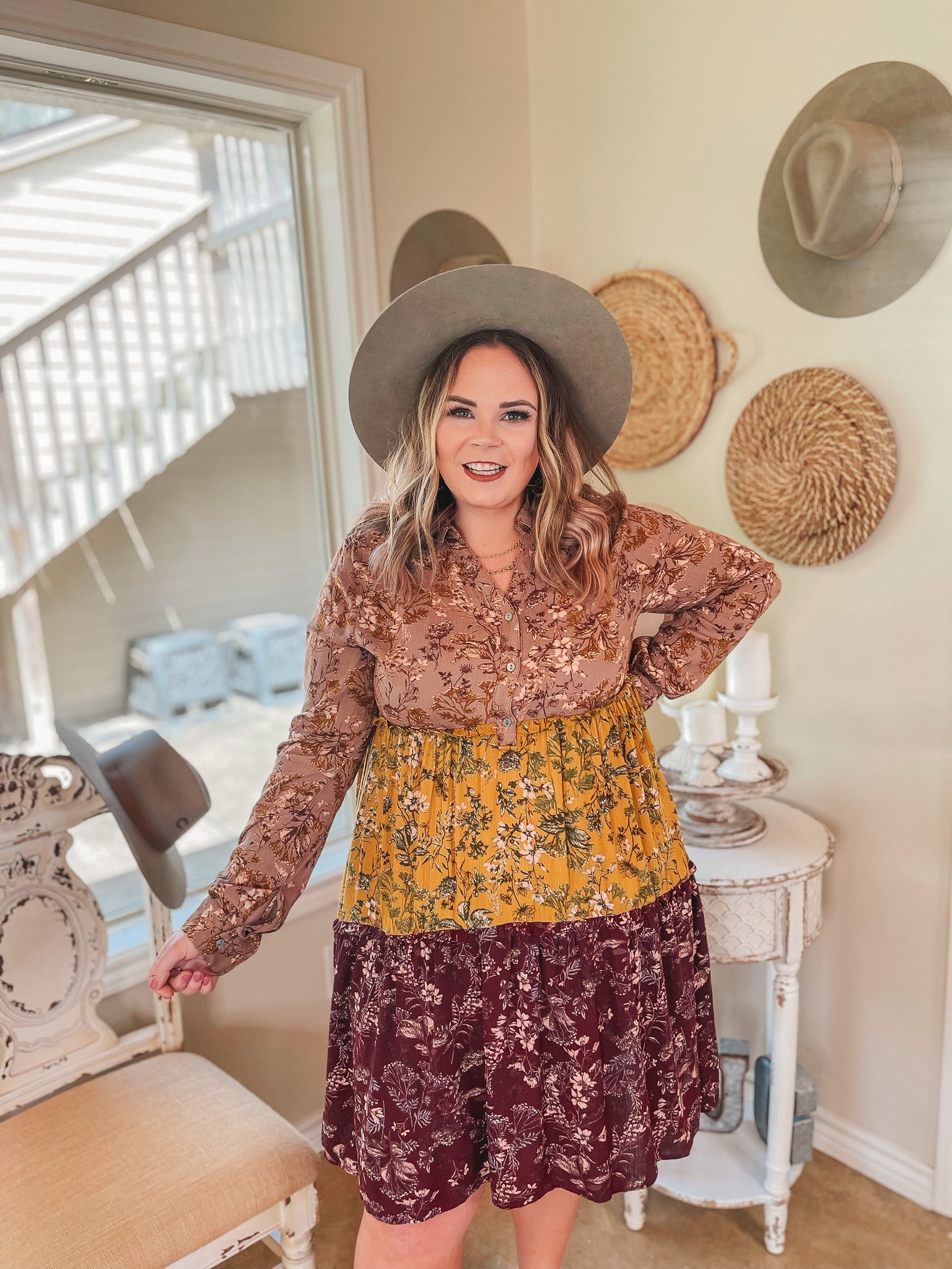 Among the Flowers Floral Ruffle Tier Long Sleeve Dress in Taupe, Mustard, and Burgundy - Giddy Up Glamour Boutique