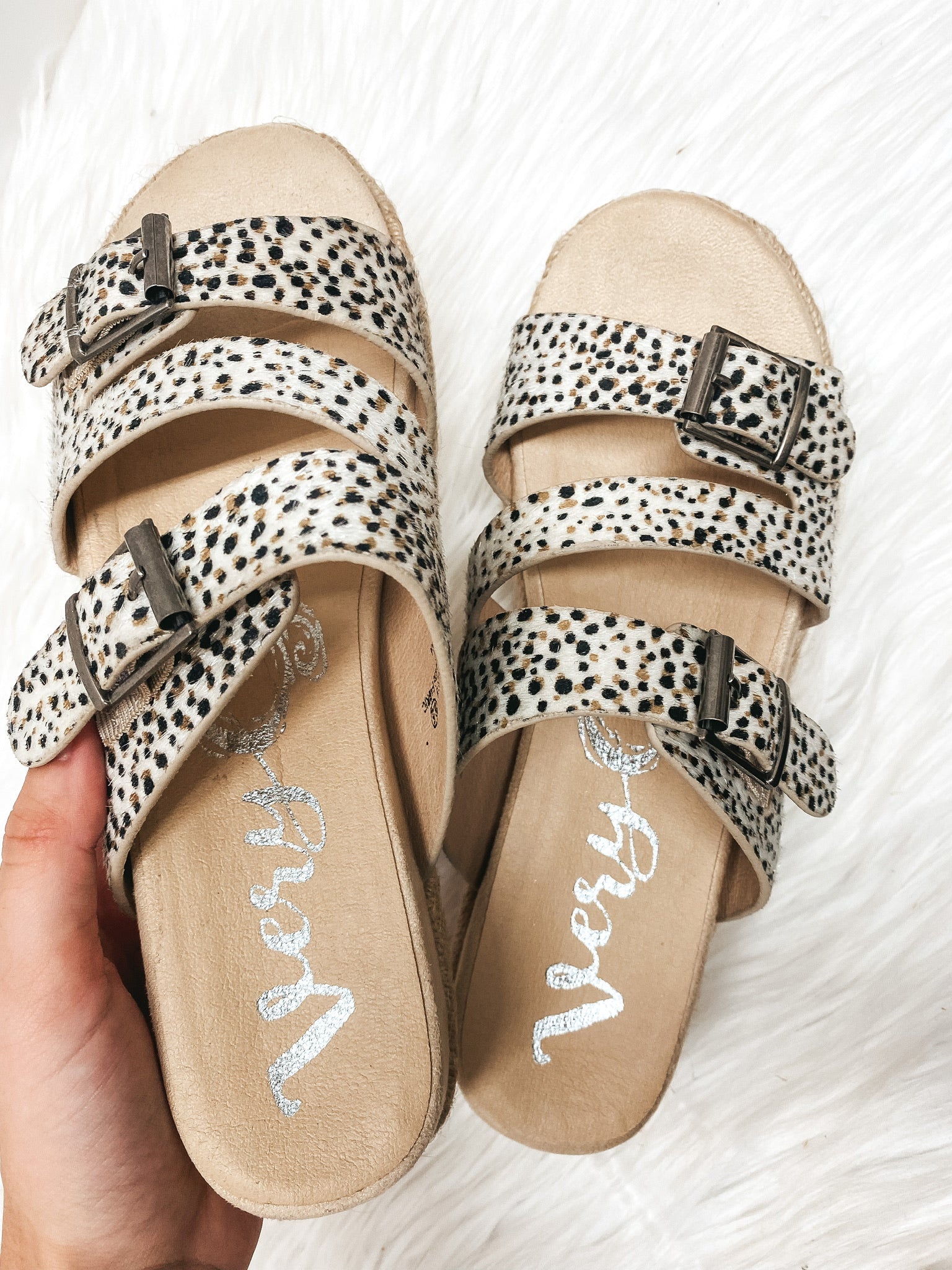 Very G | Traveling Places Strappy Faux Hide Platform Sandals with Buckles in Dotted Beige - Giddy Up Glamour Boutique