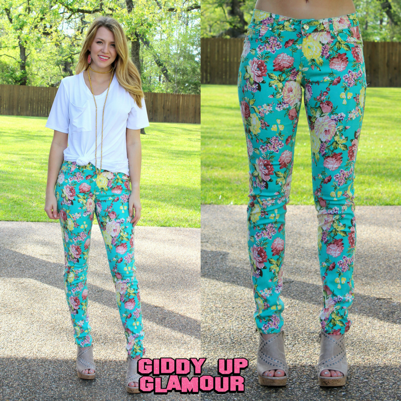 Last Chance Size 1 & 3 | In Full Bloom Floral Printed Pants in Mint - Giddy Up Glamour Boutique