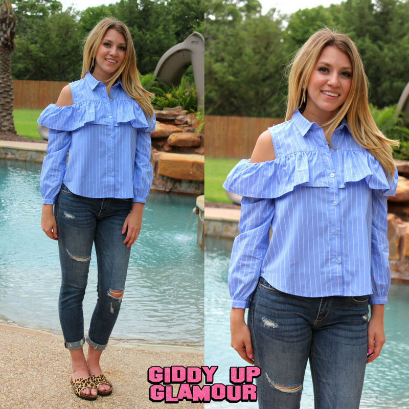 Chic Chick Stripe Open Shoulder Ruffle Top in Blue - Giddy Up Glamour Boutique