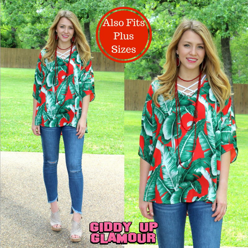 Last Chance Size Small | On The Line Palm Leaf Print Oversized Poncho Top in Red - Giddy Up Glamour Boutique