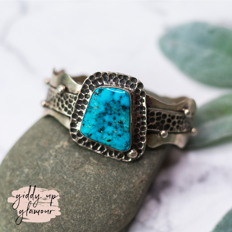Betta Lee sterling silver stamped eched cuff bracelet with kingman turquoise mined sleeping beauty navajo zuni nations native american indian handmade handcrafted heritage style turquoise and co lil bees bohemian c rivers designs