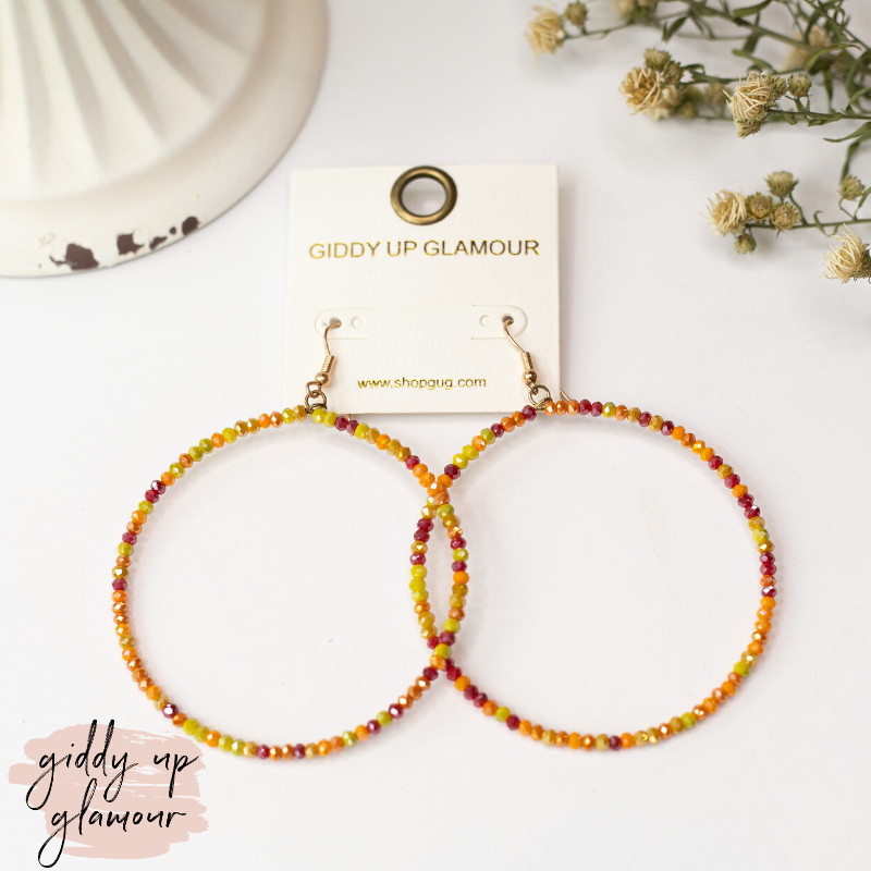 Crystal Beaded Circle Hoop Earrings in Orange Multi - Giddy Up Glamour Boutique