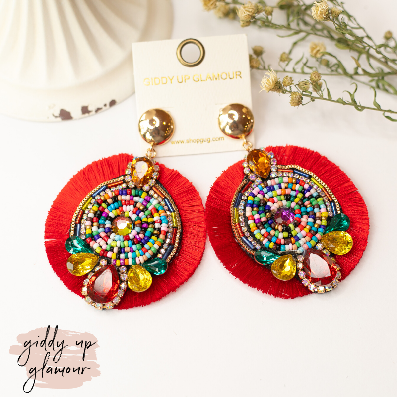 Fancy Fan Circle Beaded and Crystal Earrings in Red - Giddy Up Glamour Boutique