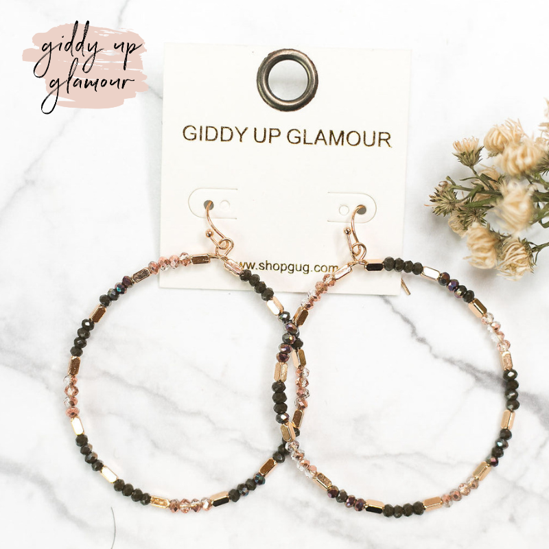 Crystal Beaded Hoop Earrings in Olive Green and Rose Gold - Giddy Up Glamour Boutique