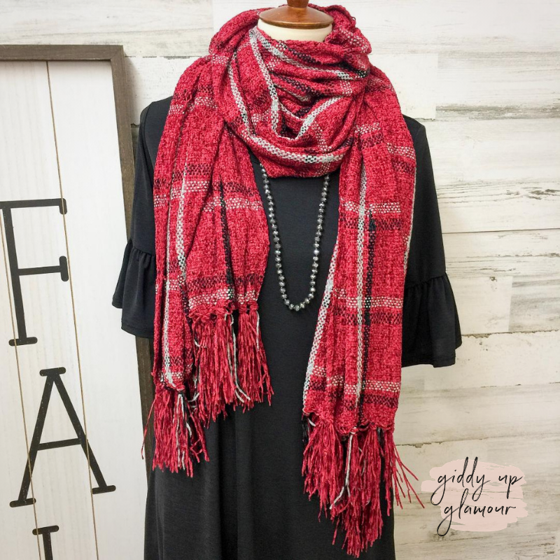 Super Soft Plaid Scarf in Burgundy - Giddy Up Glamour Boutique
