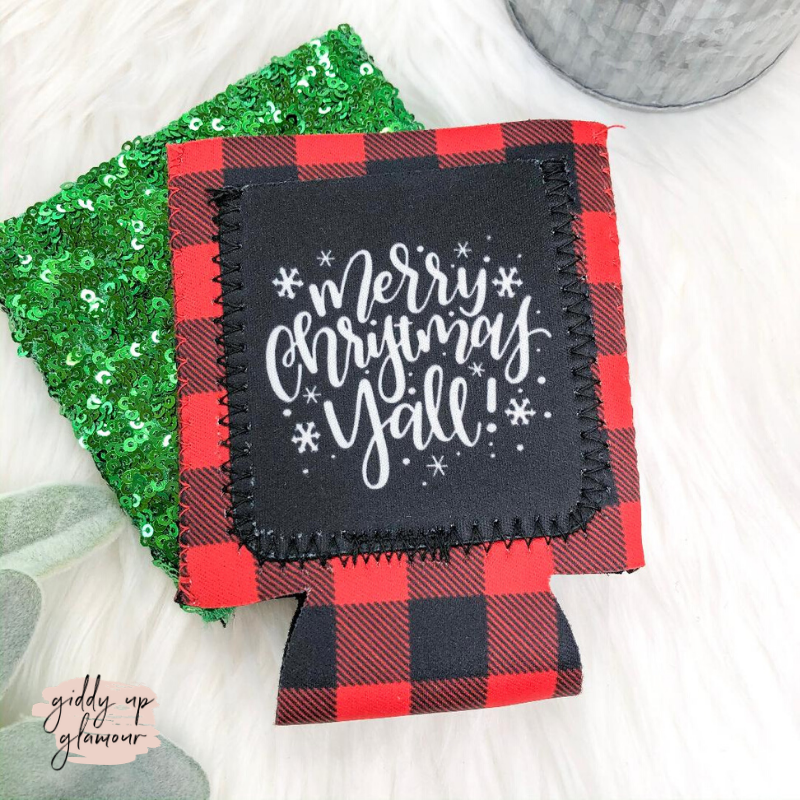 Merry Christmas Y'all Buffalo Plaid Pocket Koozie - Giddy Up Glamour Boutique