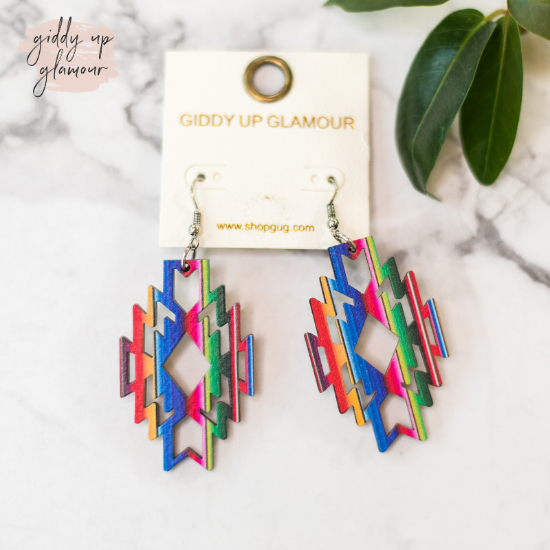 Aztec Shaped Wooden Earrings in Serape - Giddy Up Glamour Boutique