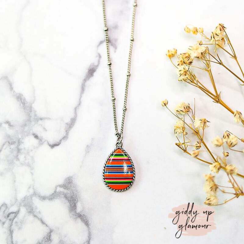 Small Teardrop Pendant Necklace in Orange Serape - Giddy Up Glamour Boutique