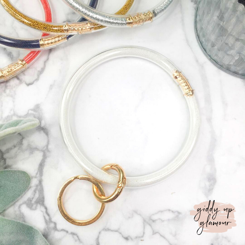 Clear O Bangle Key Ring with Micro Beads in White - Giddy Up Glamour Boutique