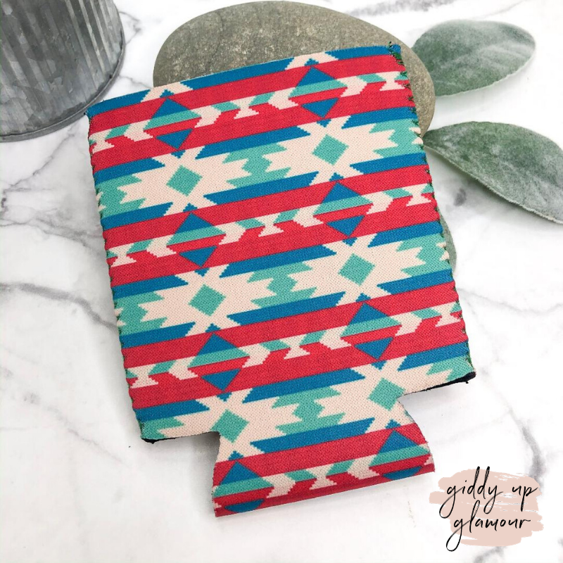 Red and Turquoise Navajo Aztec Print Koozie - Giddy Up Glamour Boutique