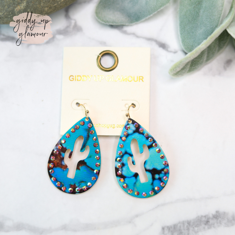 trendy womens jewelry cactus cut out earrings turquoise with crystal trim