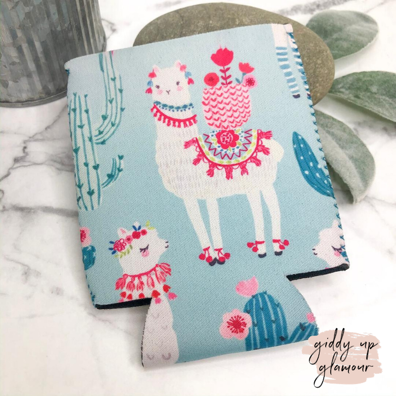 Llama and Cactus Koozie in Light Blue - Giddy Up Glamour Boutique