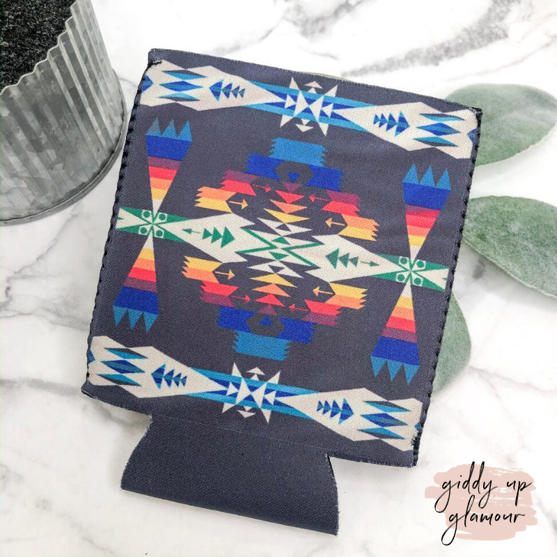 Black, Turquoise, and Royal Blue Navajo Aztec Print Koozie - Giddy Up Glamour Boutique