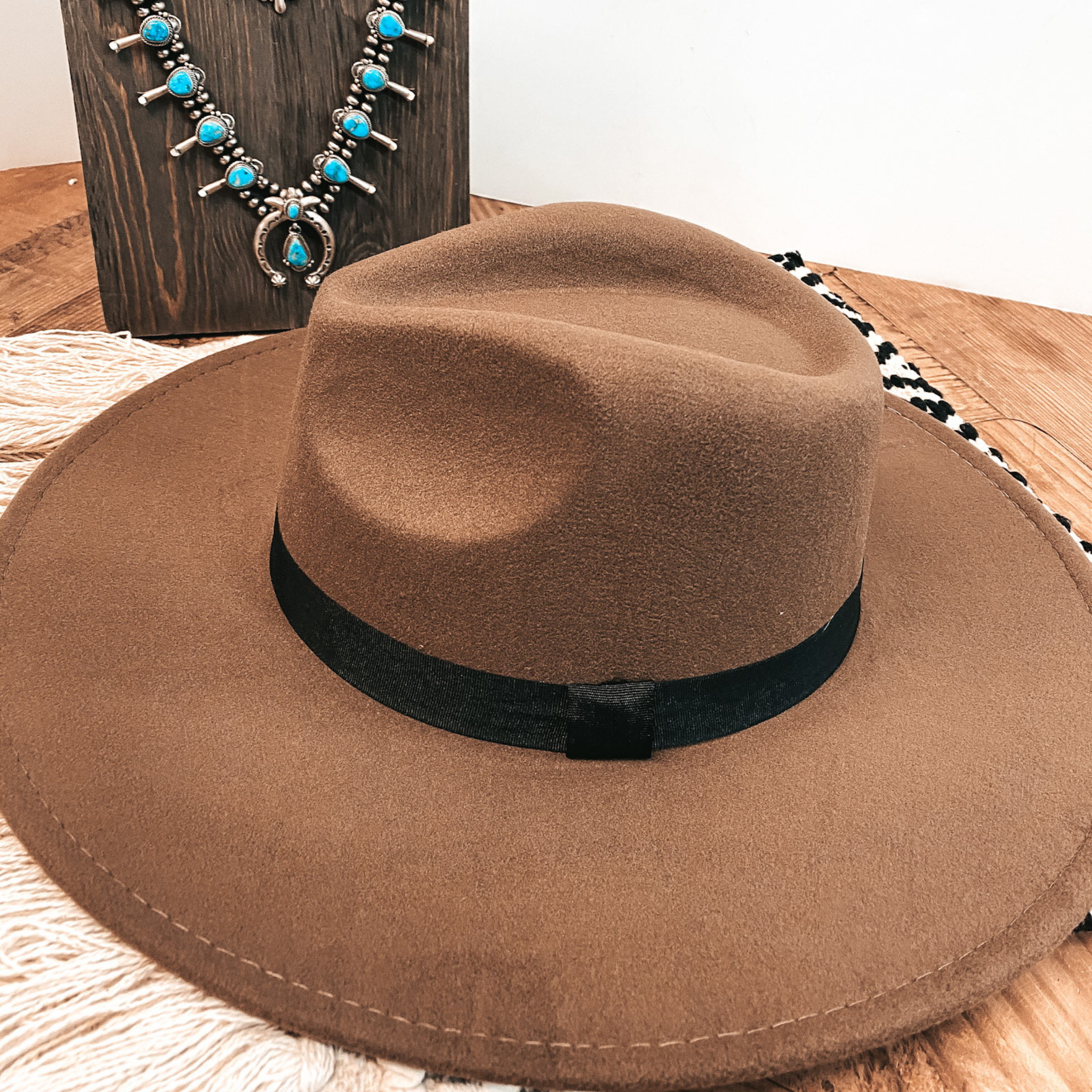 Gone for the Day Faux Felt Hat with Black Band in Chocolate Brown - Giddy Up Glamour Boutique