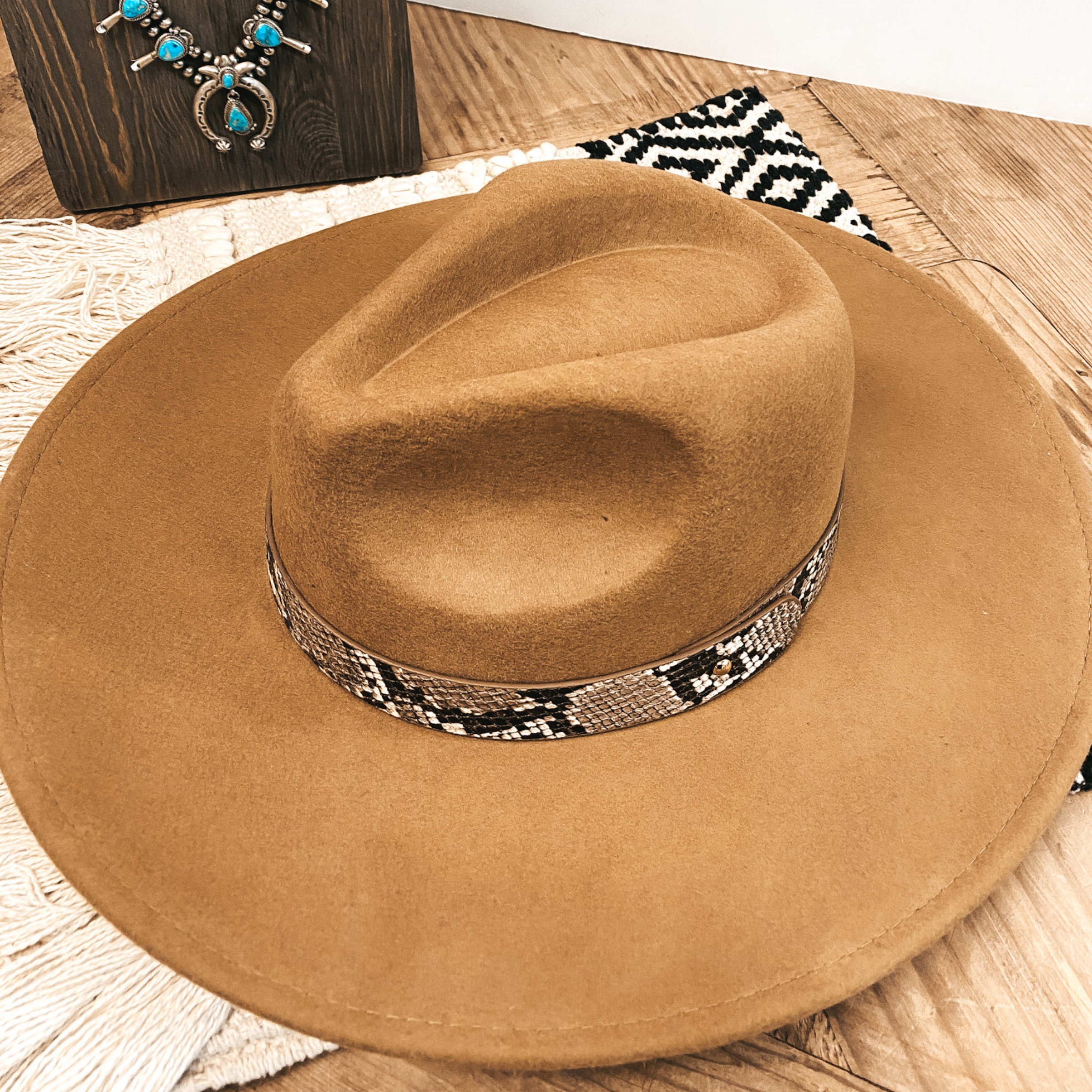Gambling Problem Snakeskin Print Band Faux Felt Hat in Tan - Giddy Up Glamour Boutique