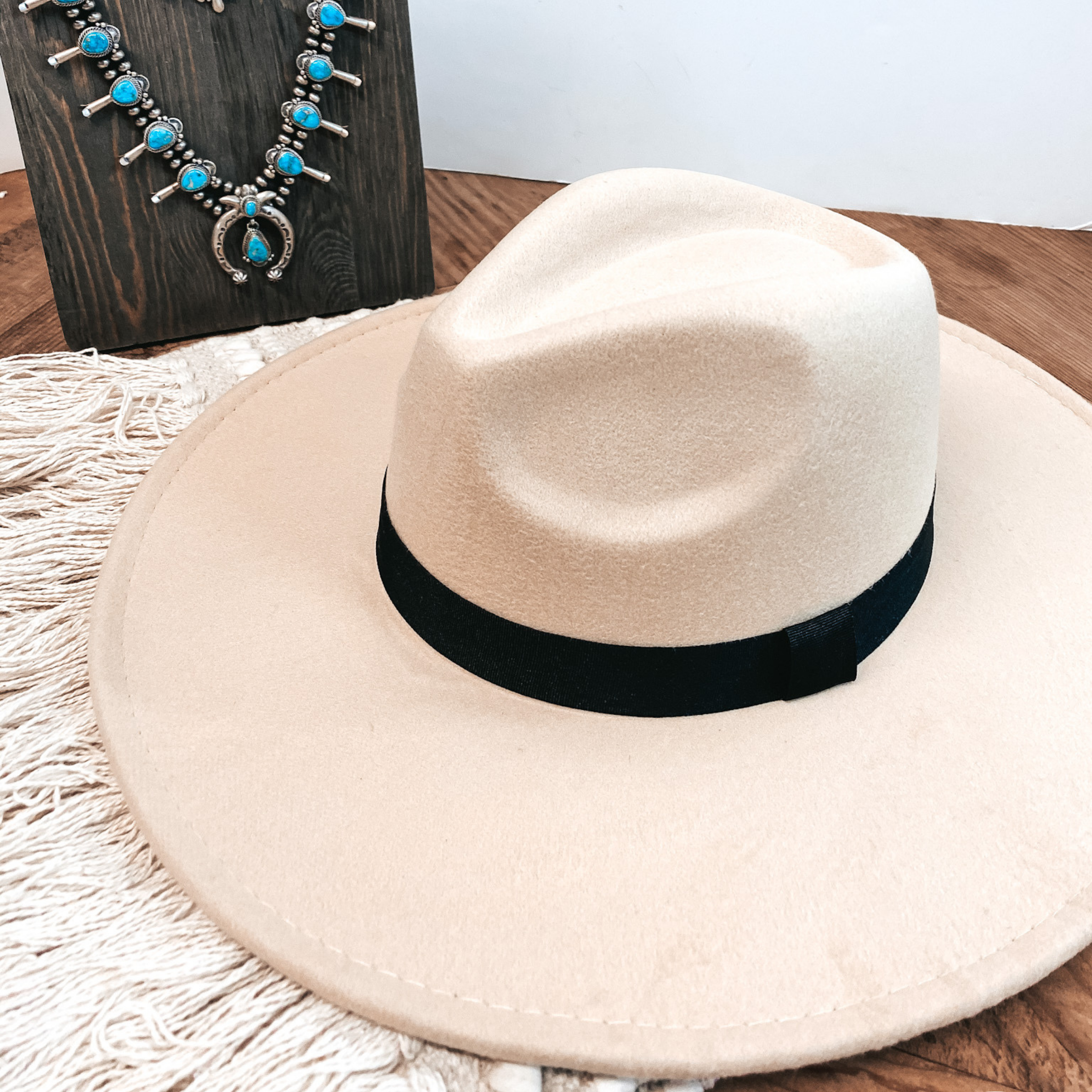 Gone for the Day Faux Felt Hat with Black Band in Ivory - Giddy Up Glamour Boutique