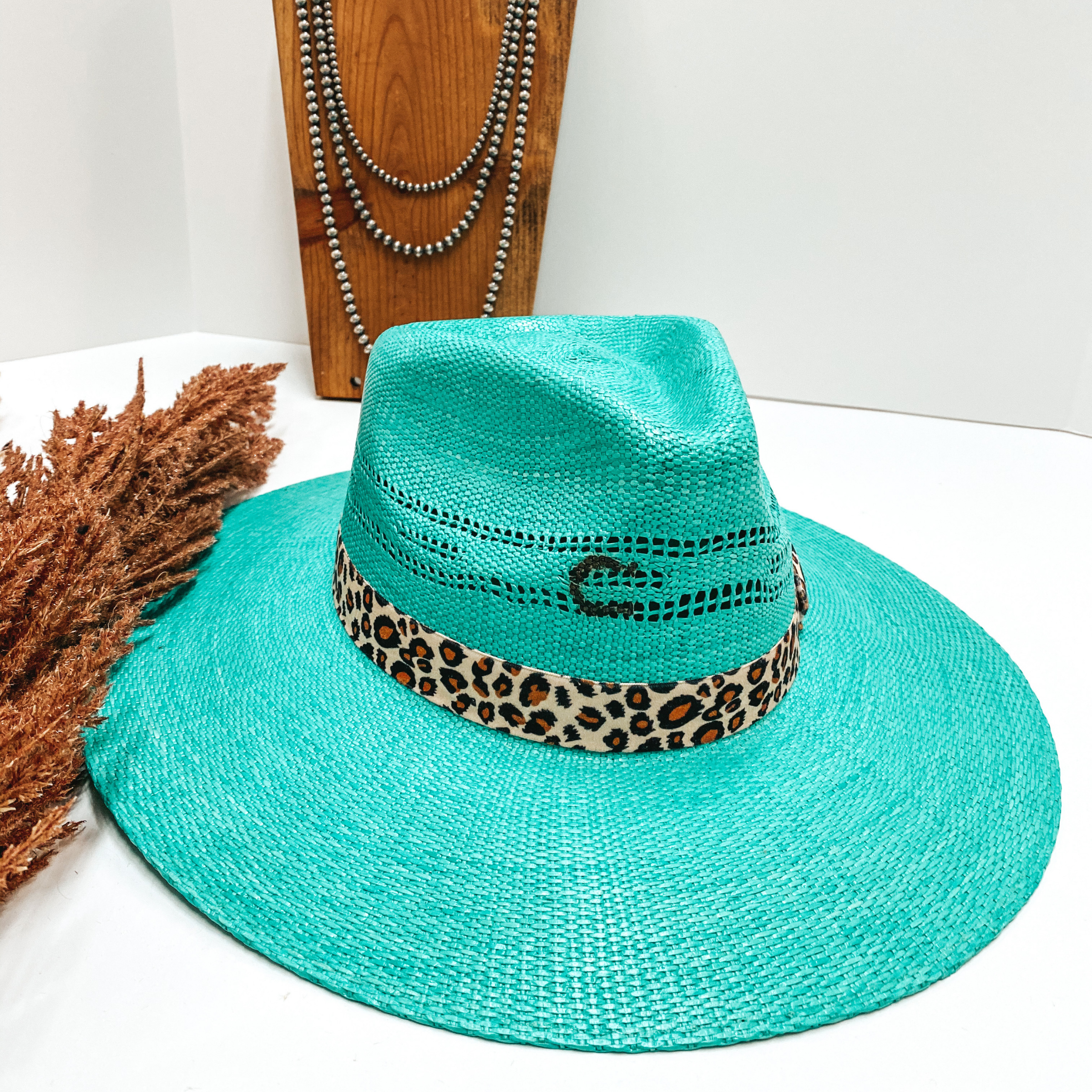 Charlie 1 Horse | Right Meow Straw Stiff Brim Hat with Leopard Band in Turquoise - Giddy Up Glamour Boutique