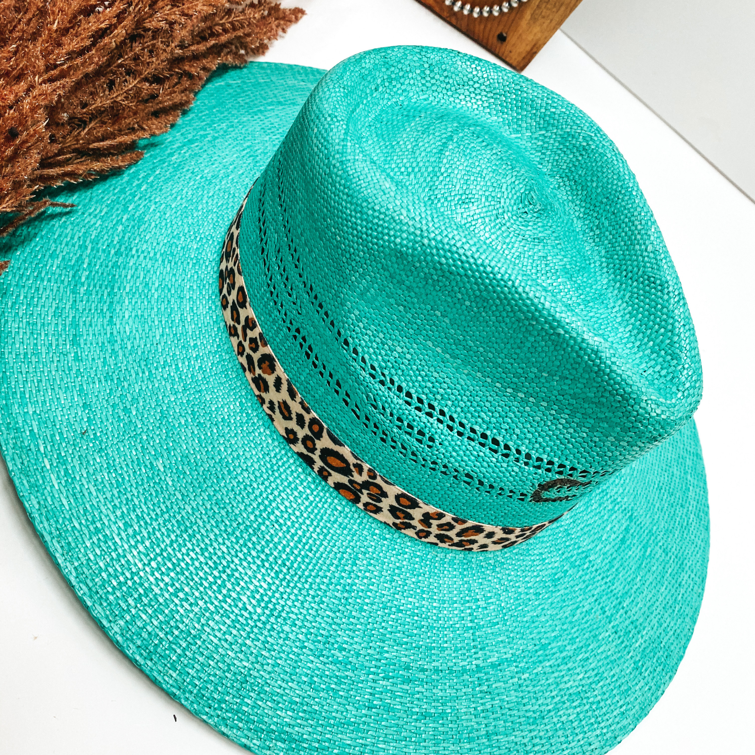 Charlie 1 Horse | Right Meow Straw Stiff Brim Hat with Leopard Band in Turquoise - Giddy Up Glamour Boutique