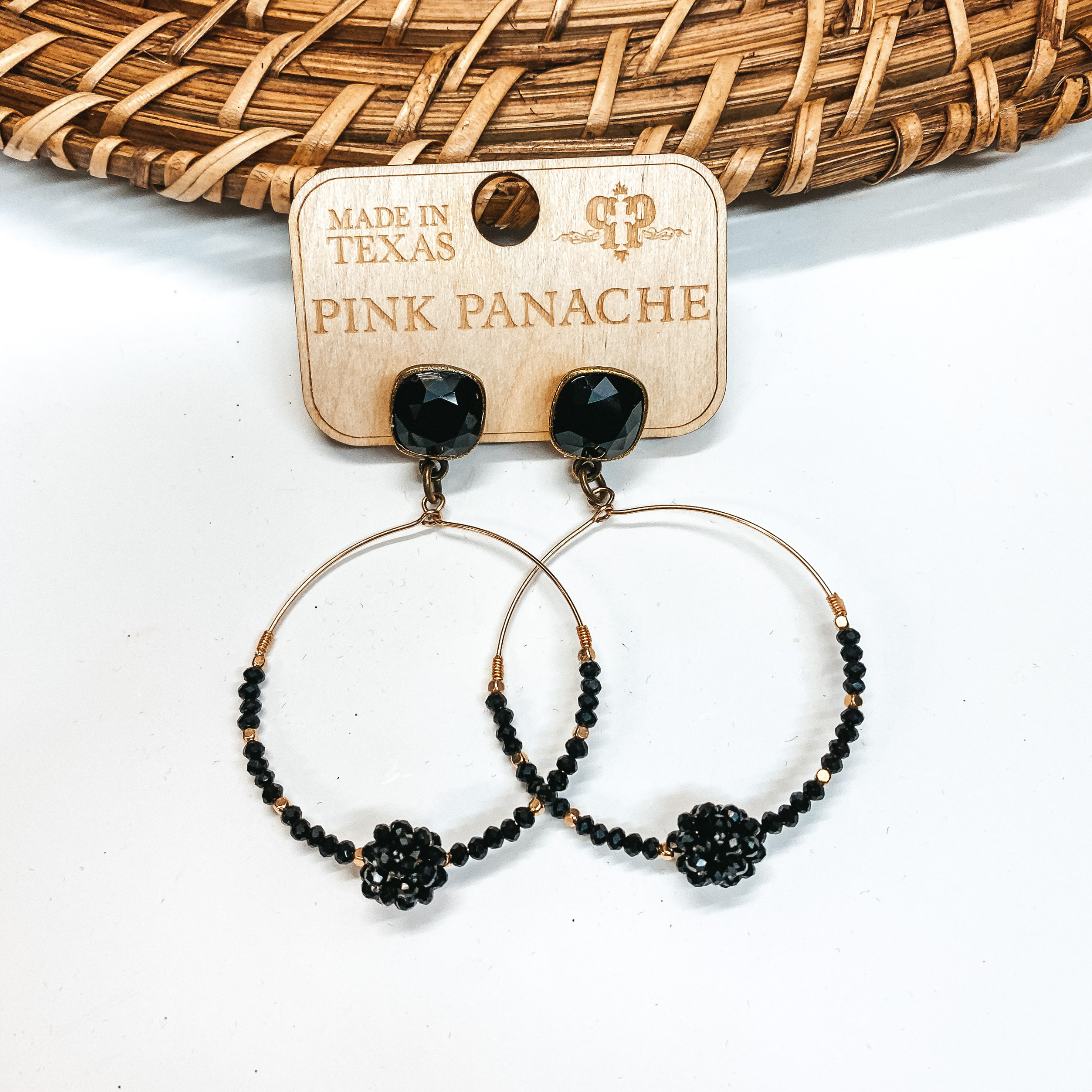 Pink Panache | Black and Gold Beaded Knot Hoop Earrings with Cushion Cut Crystals in Black - Giddy Up Glamour Boutique