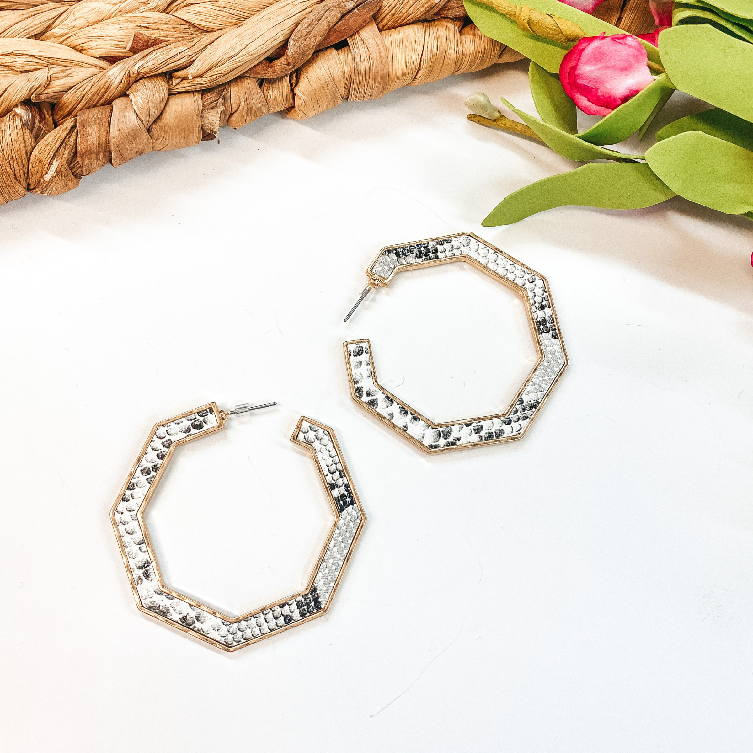 Octagon Hoop Earrings in White Snake Print - Giddy Up Glamour Boutique