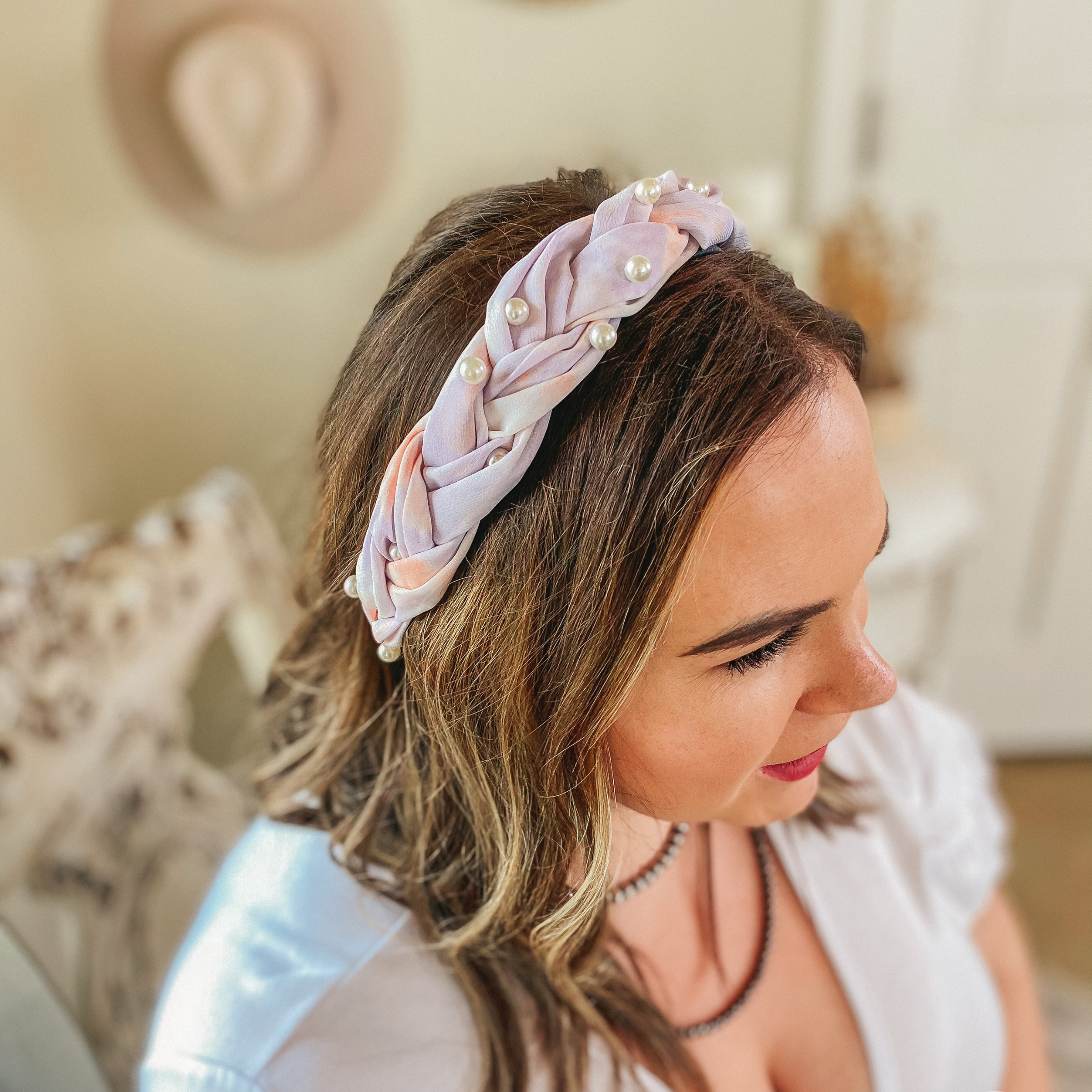 Pearl Detailed Braided Headband in Pink and Lavender Tie Dye - Giddy Up Glamour Boutique