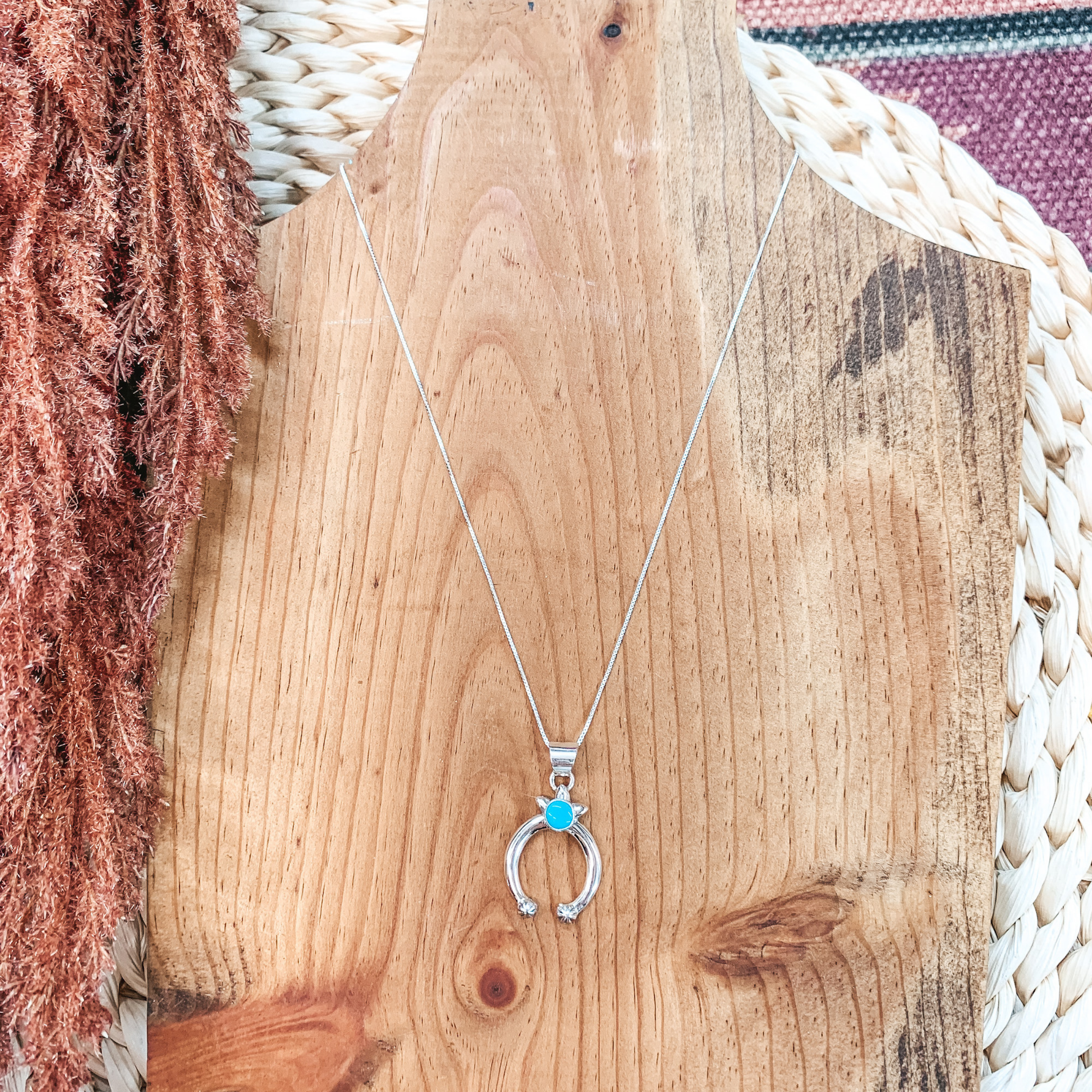 Shirley Henry | Navajo Handmade Sterling Silver Small Naja Pendant with Turquoise Stud on Silver Chain - Giddy Up Glamour Boutique