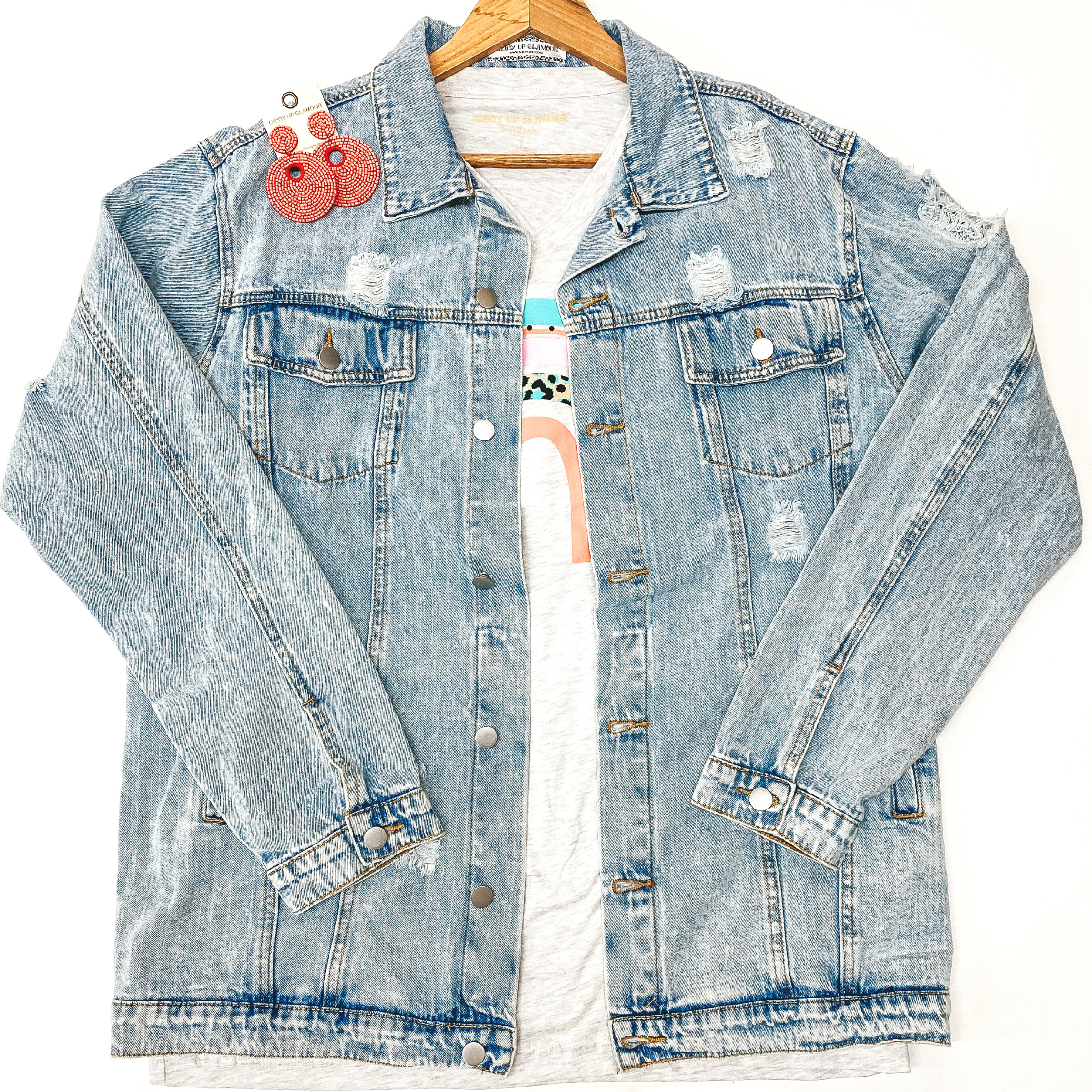 Plus Sizes | On The Road Distressed Button Up Denim Jacket in Light Wash - Giddy Up Glamour Boutique
