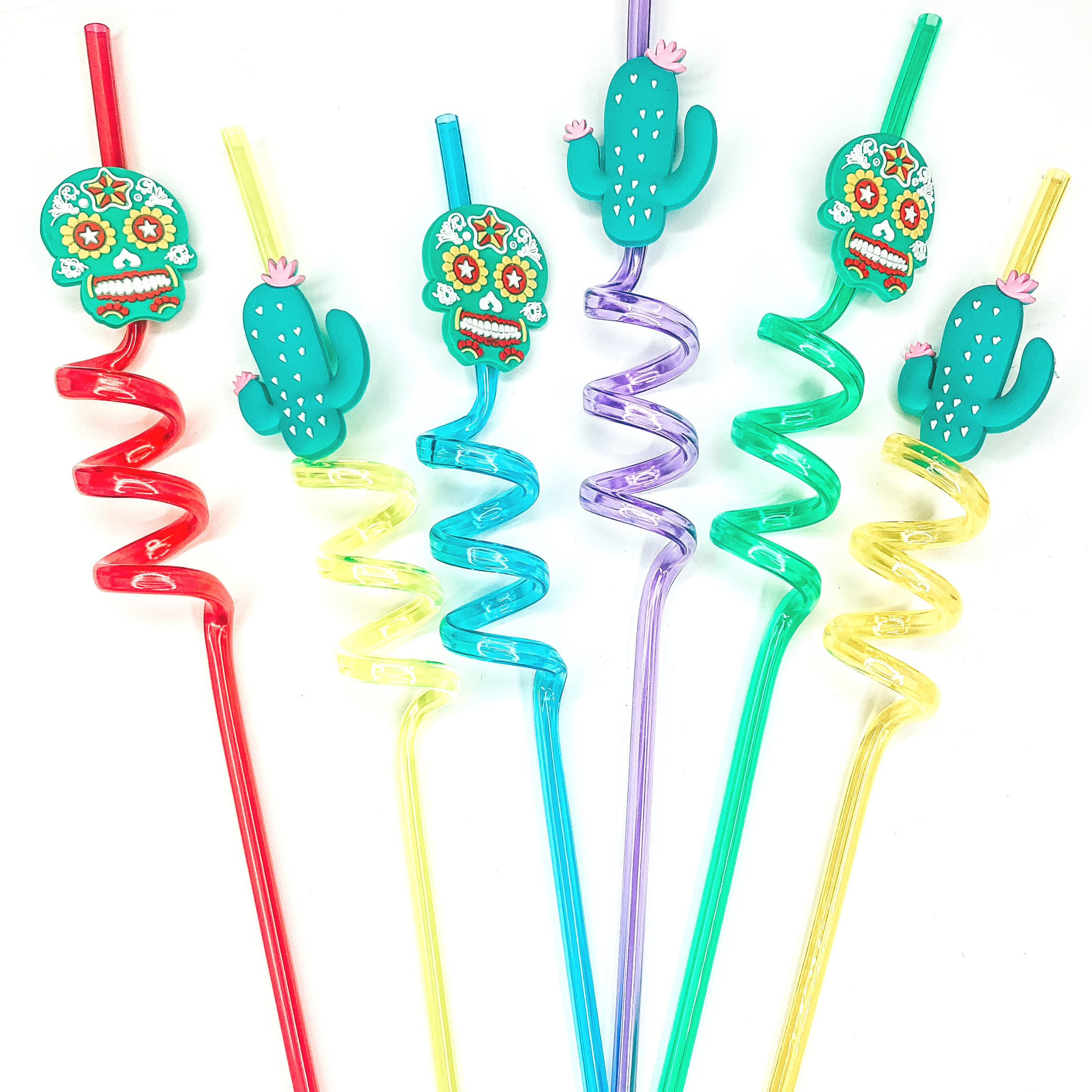 Buy 3 for $10 | Set of Two | Colorful Crazy Straws with Sugar Skull and Cactus Charm - Giddy Up Glamour Boutique