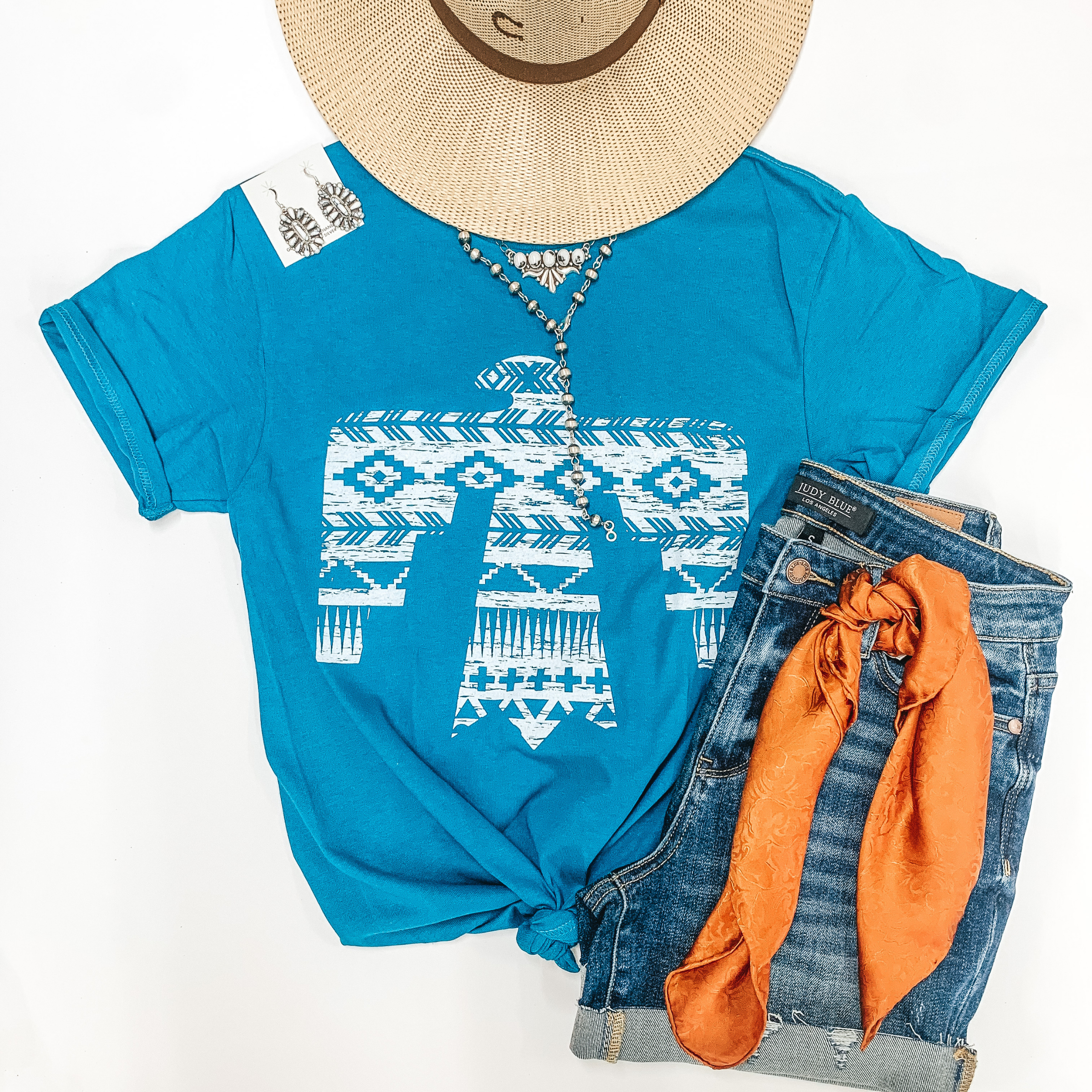 Wind in Winslow Aztec Thunderbird Short Sleeve Graphic Tee in Dark Teal - Giddy Up Glamour Boutique