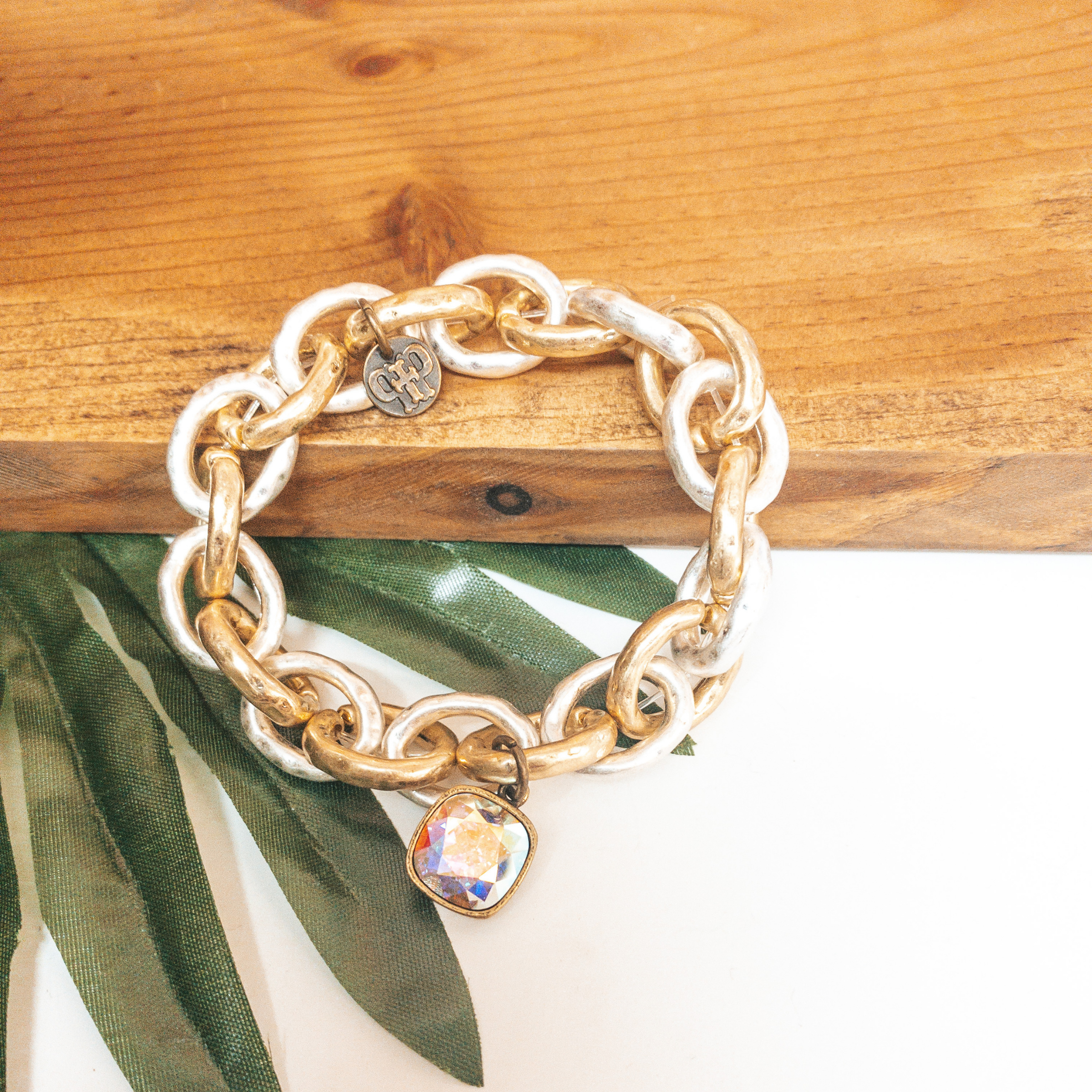 Pink Panache | Silver and Gold Thick Chain Bracelet with AB Crystal Charm in Bronze - Giddy Up Glamour Boutique