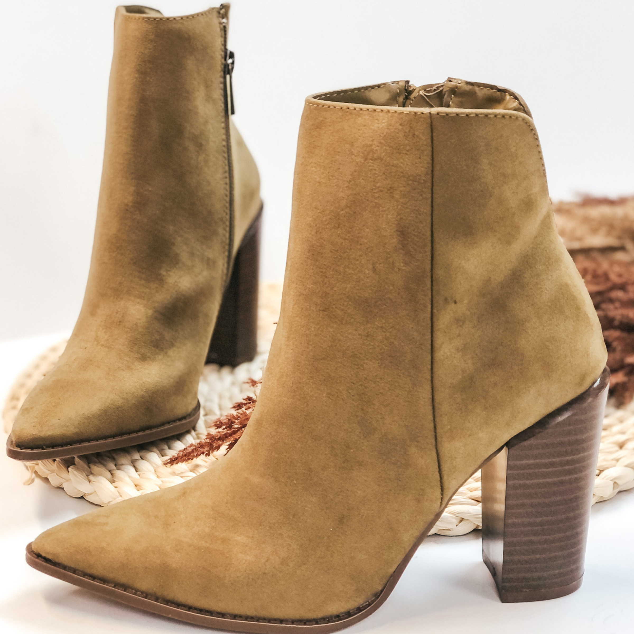 Last Chance Size 6| Walking By Side Zip Heeled Booties with Pointed Toe in Khaki - Giddy Up Glamour Boutique