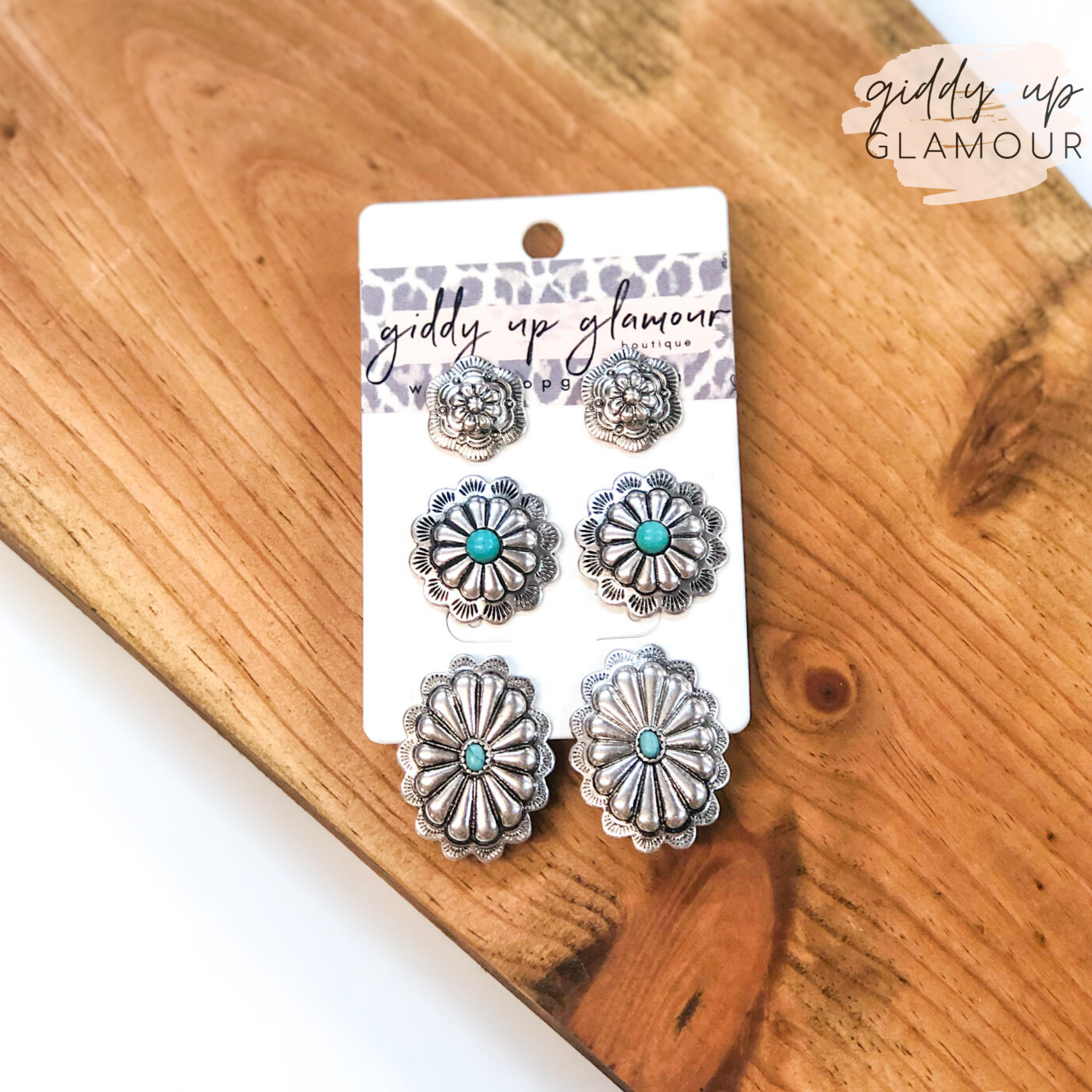 Set of Three | Concho Earring Set with Turquoise Stones in Silver - Giddy Up Glamour Boutique