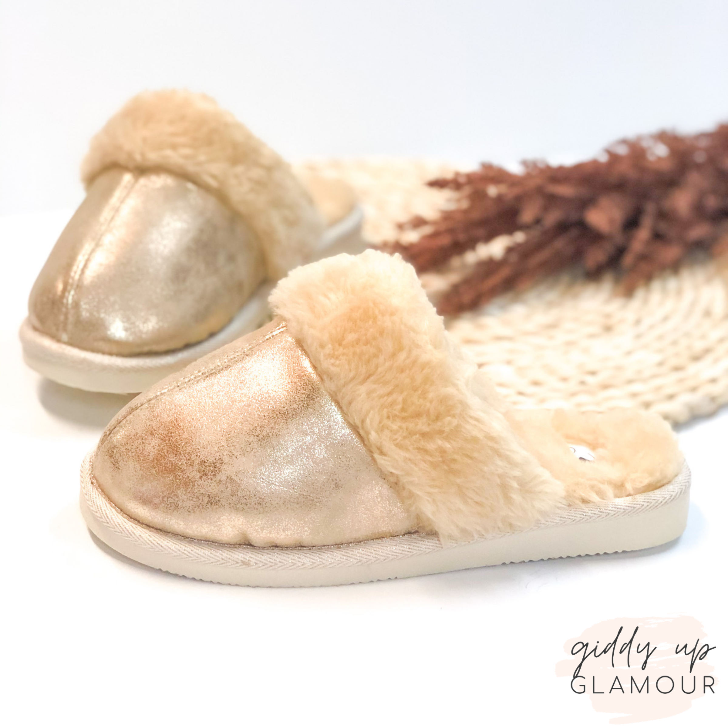 Corky's | Snooze Slide On Slippers with Furry Lining in Gold - Giddy Up Glamour Boutique