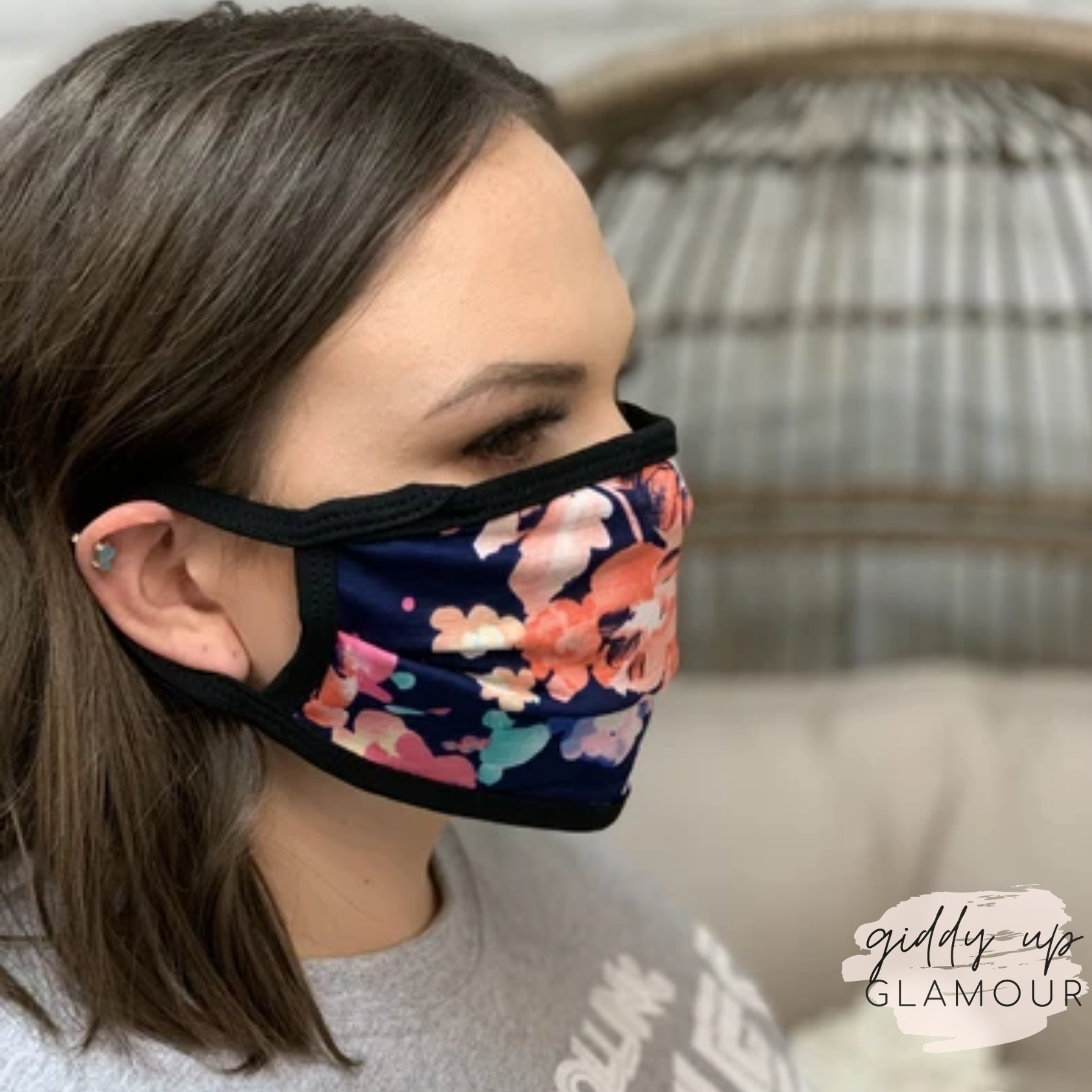 Can't Cover Style Floral Cloth Face Covering in Navy - Giddy Up Glamour Boutique