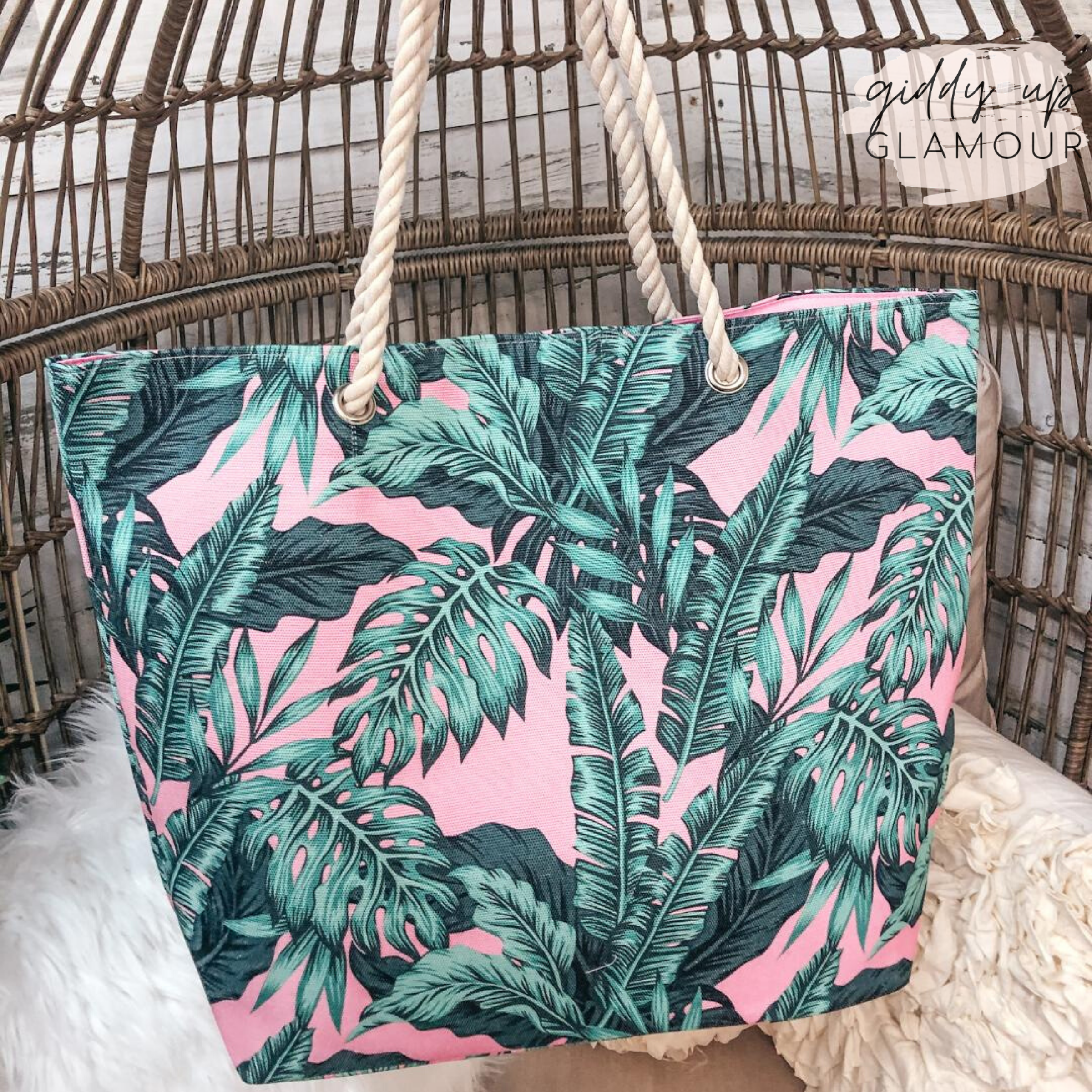 Green Palm Leaf Tote Bag with Rope Straps in Pink - Giddy Up Glamour Boutique