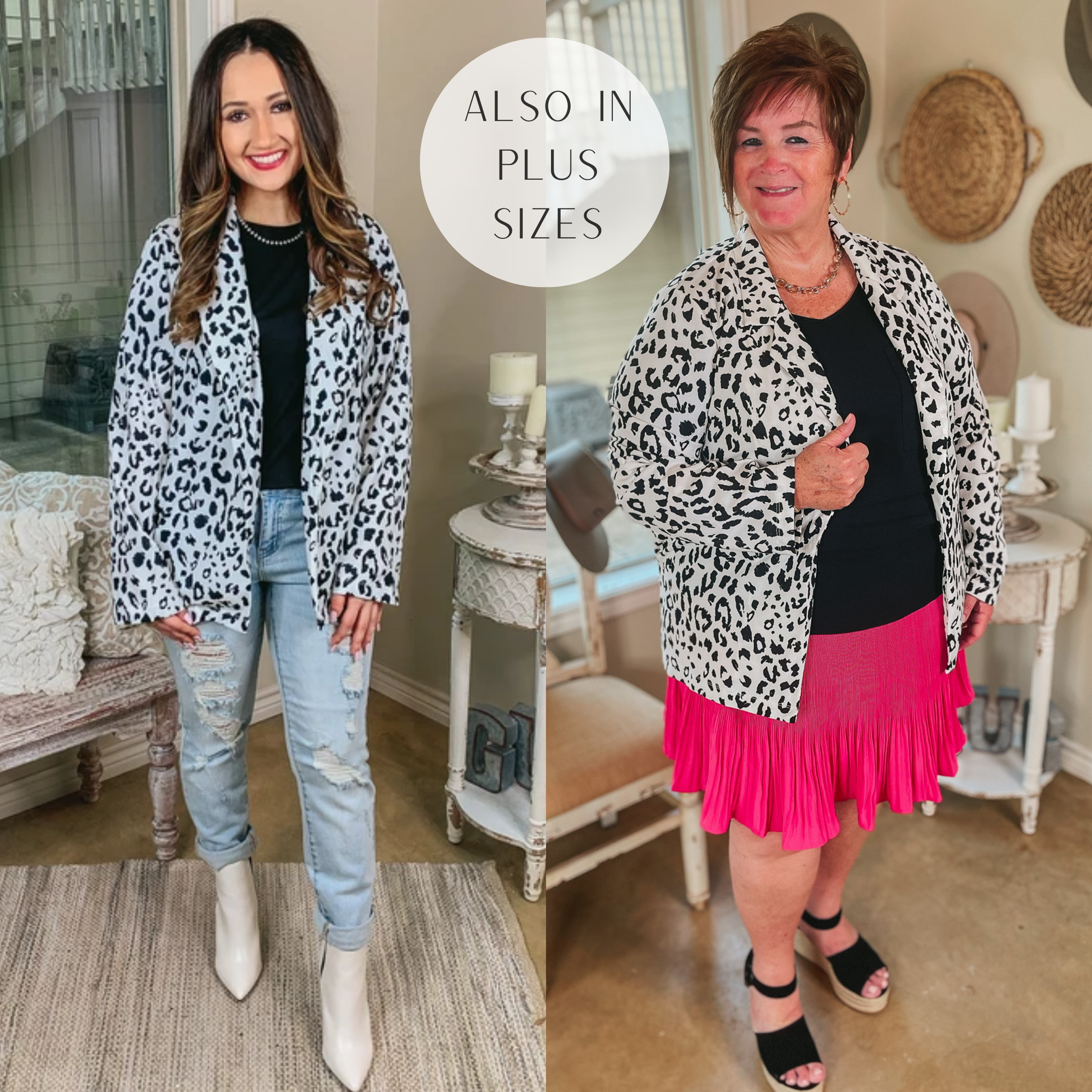Out Of Office Leopard Print Open Front Blazer with Long Sleeves in White - Giddy Up Glamour Boutique