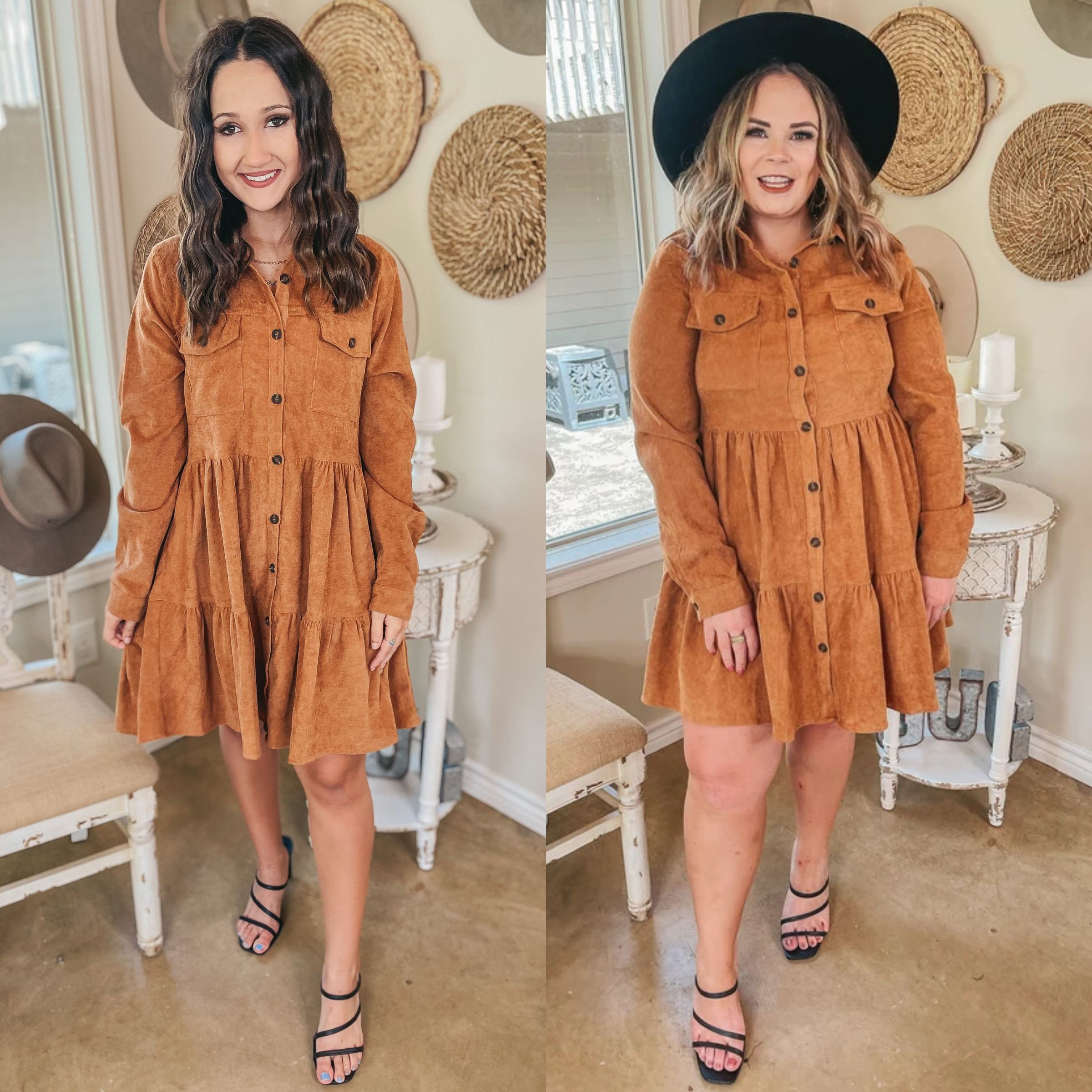 This Coming Season Button Up Long Sleeve Corduroy Dress in Camel Brown - Giddy Up Glamour Boutique