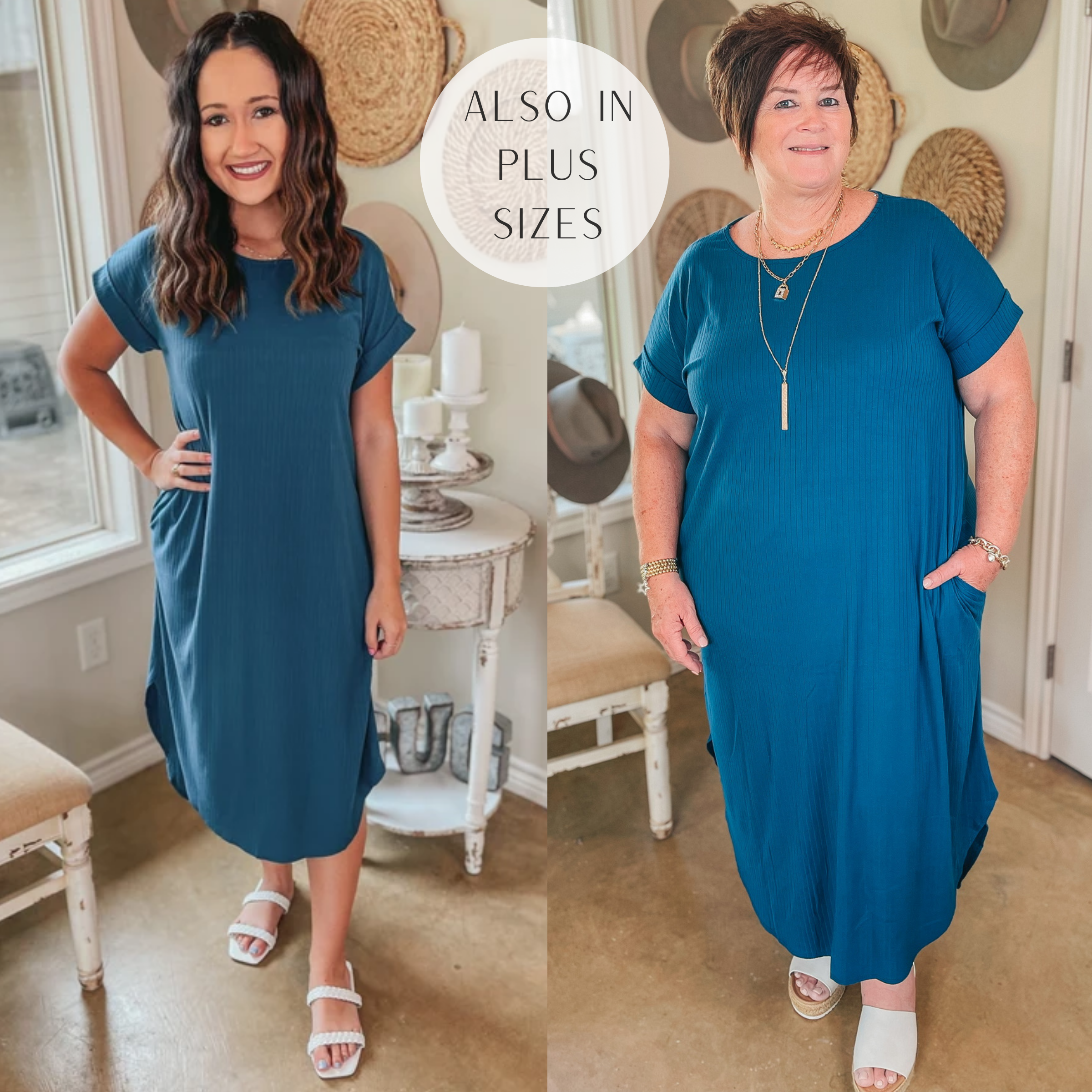 Chill Looks Short Sleeve Ribbed Midi Dress in Teal - Giddy Up Glamour Boutique