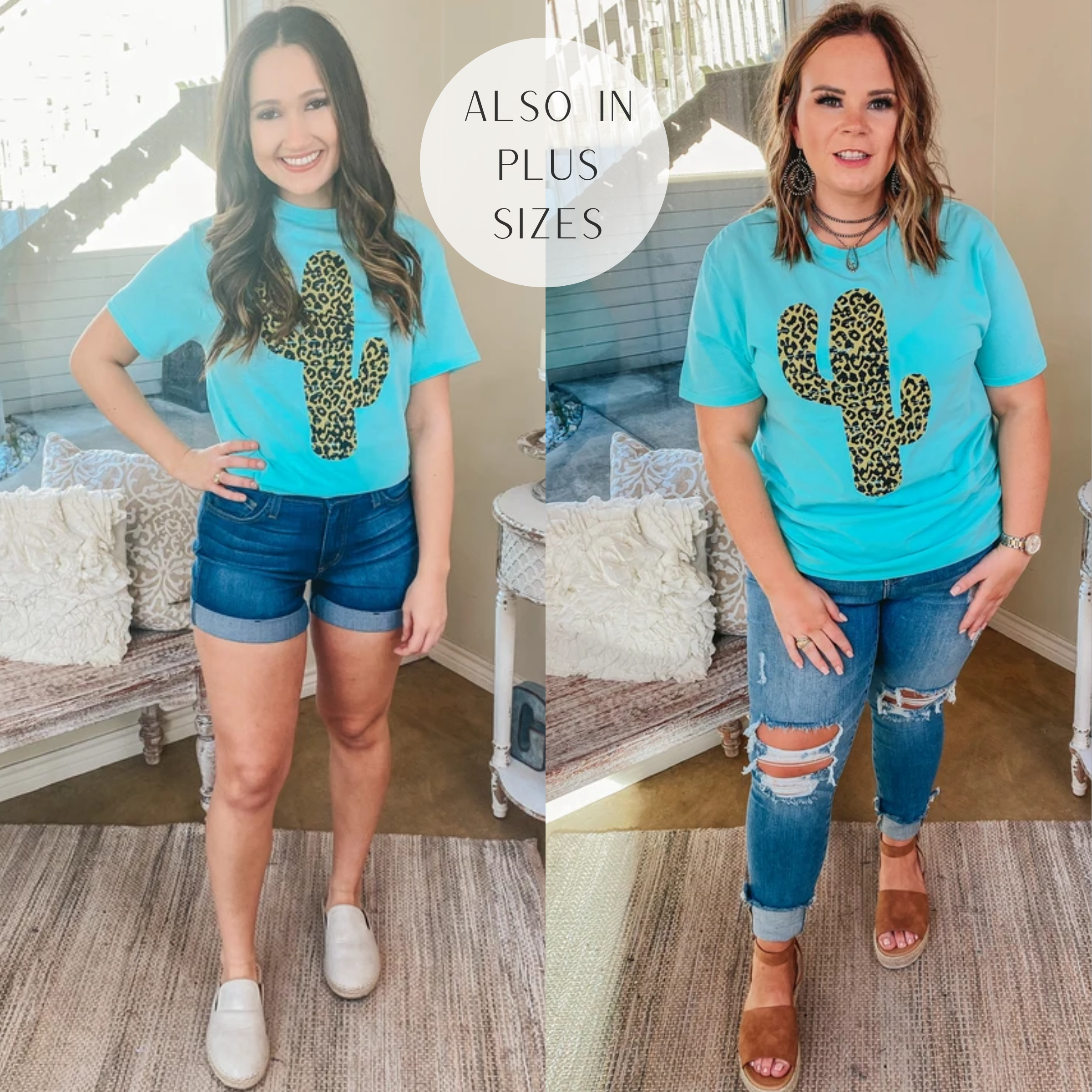 Steady as the Saguaros Leopard Cactus Short Sleeve Graphic Tee in Mint - Giddy Up Glamour Boutique