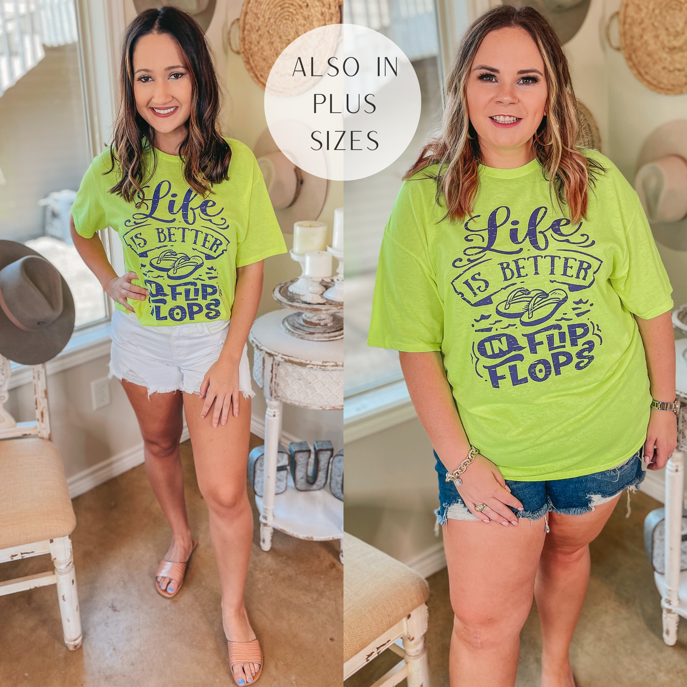 Life is Better in Flip Flops Short Sleeve Graphic Tee in Neon Yellow - Giddy Up Glamour Boutique