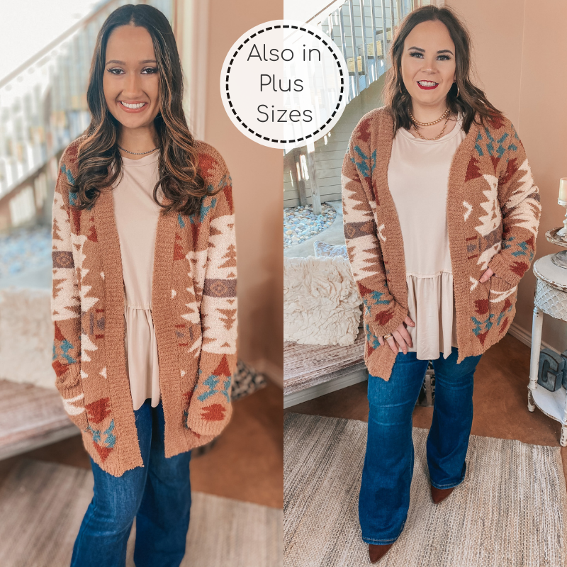 Snuggles in Sheridan Aztec Print Open Front Cardigan in Tan - Giddy Up Glamour Boutique