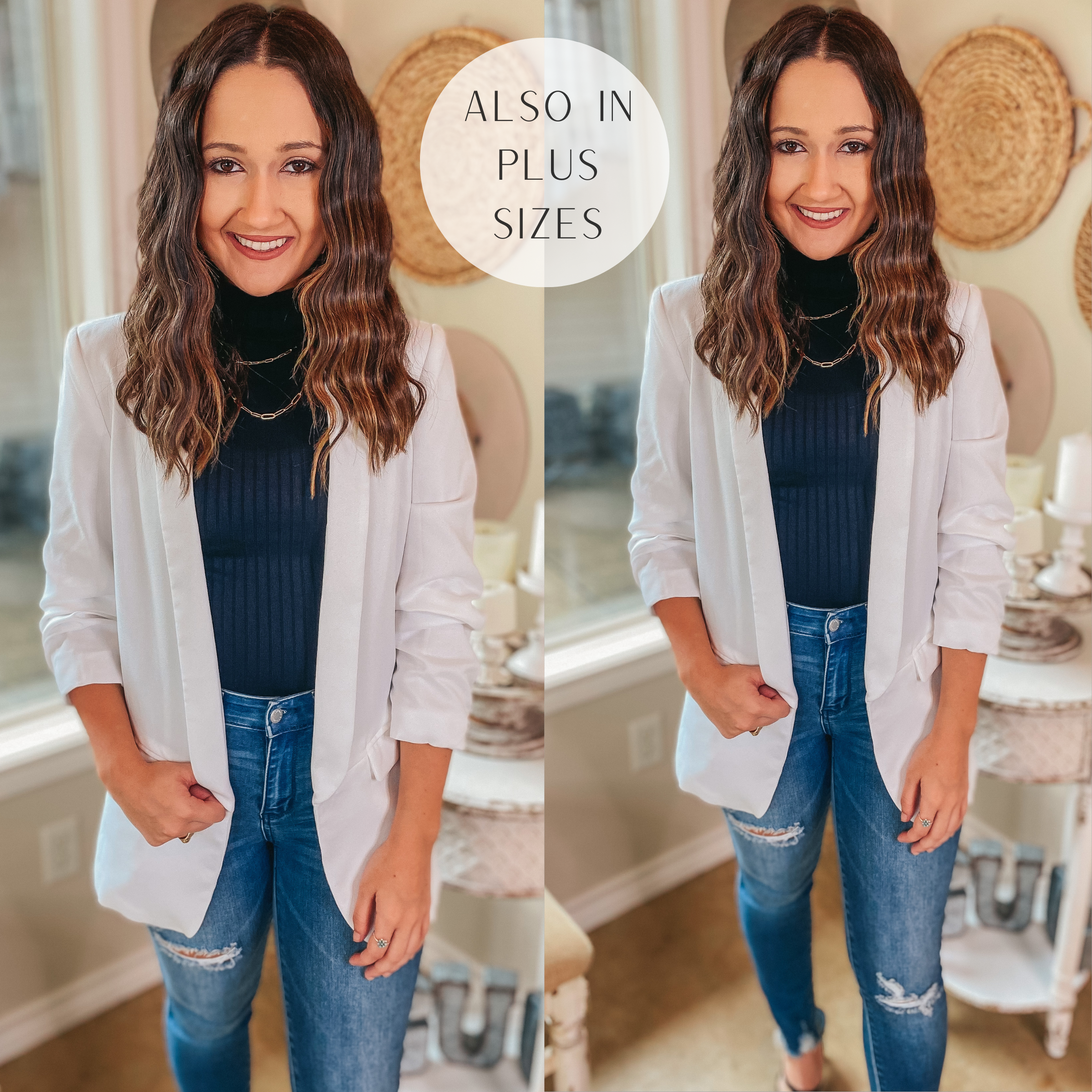 Being Busy Ruched 3/4 Sleeve Collared Blazer in White - Giddy Up Glamour Boutique